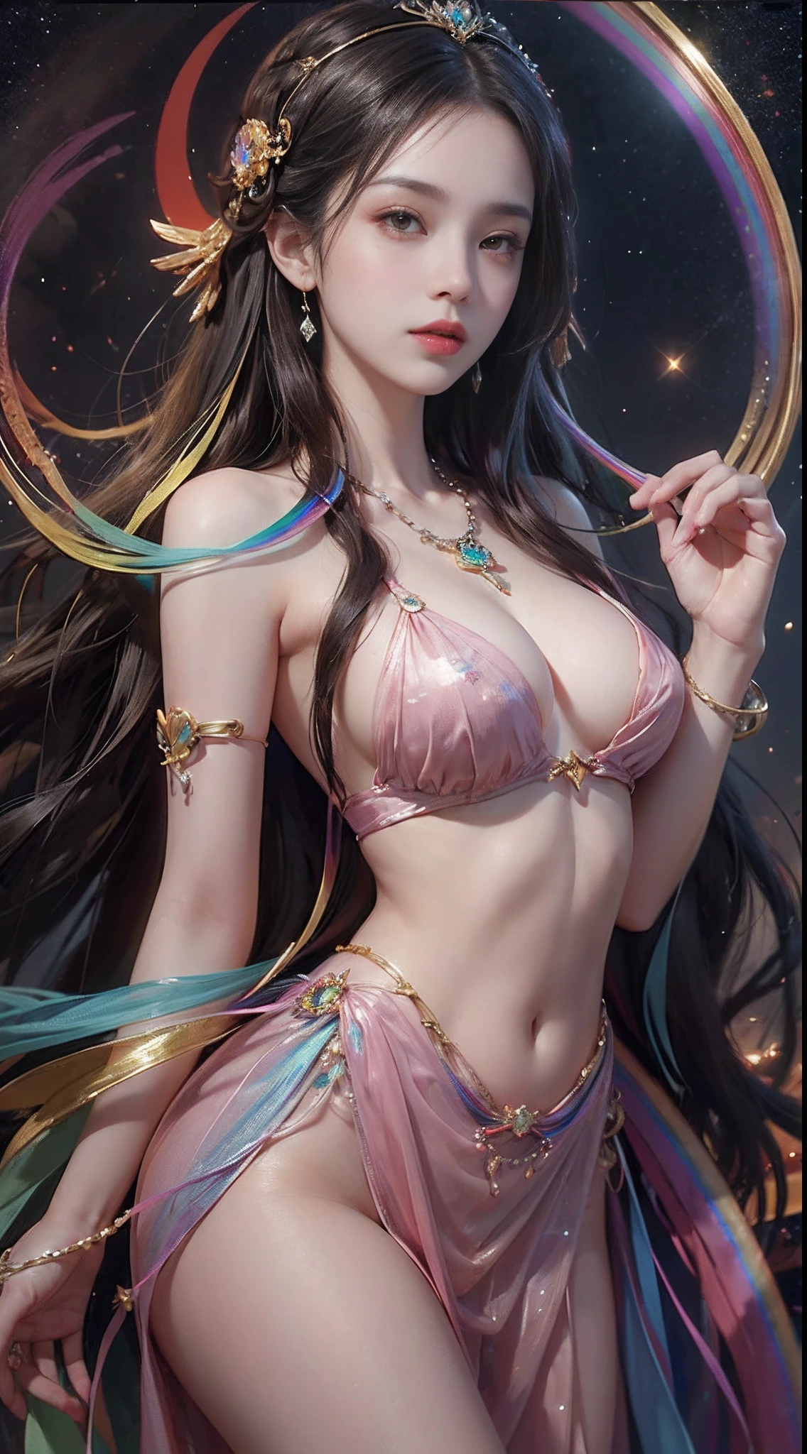 1 27-year-old girl, 1 zodiac goddess from the future, 12 zodiac goddess pink purple, 12 zodiac goddess face sexy thin yellow nightgown, long thin nightgown 12 zodiac many limbs sexy black lace detail, mythical goddess of the 12 zodiacs from the future, zodiac ♏, luxury sparkling zodiac style, Dark and mysterious version, zodiac crown, lipstick red lips, thin and pretty lips, don't smile, Keep your mouth shut, characters created by karol bak and pino daeni, intricately details, Detailed background, Extremely detailed, Light magic, A woman, Clear face, looking at the upper body of the goddess of the zodiac, Round breasts, Big and round breasts, phoenix hair brooch, Long hair with bangs, (Long hair has 7 colors like a rainbow:1.9), beautiful detailed face and well-proportioned eyes, (transparent yellow eyes: 1.8), big round eyes and very beautiful and detailed makeup, Visionary, long silk nightgown, Mysterious makeup, bangle, side bangs and dye pale yellow, Upper body, (goddess of the zodiac upper body: 1.8), drooping arms, Realistic and vivid photo, (stars that make up the zodiac: 1.7), ( sky zodiac and fictitious space and time portal: 1.8), fiction art, RAW photo, Hanfu photo, best photos , High_Nothing, Best quality, best photos, 8K level quality, Ultra 8k , surrealism, the most economical real photo, artistic portrait of 12 zodiac signs, 1 symbol of 12 zodiac signs behind, single portrait of 12 zodiac goddess, Most realistic color scheme, best photo color, Masterpiece, hair adornments, necklace, jewelry, Beautiful face, Upper body, Tyndall effect, photograph realistic, Dark Studio, Border light, two tone light, (Detailed skin) High: 1.2), 8K, Ultra HD, Digital SLR, Soft light, High quality, volumettic light, candid, Photo, high resolution, 4K quality, 8K, Bokeh, Smooth and sharp, pixel up 10 times, Charming zodiac goddess, sexy zodiac goddess, (background space: 1.8), (milky ways: 1.7), aurora, Lightning, (Aurorabackground: 1.8) <the lora:locon_perfecteyes_V1_From