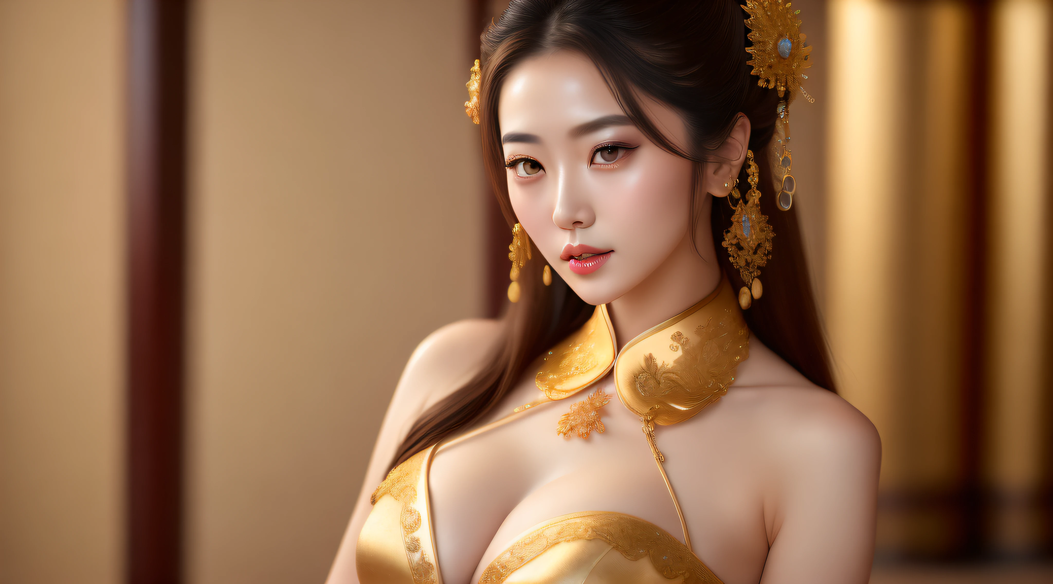 top-quality、​masterpiece、hight resolution、Wuxi 1girl、(gold Chinese dress)、(((Super beautiful face)))、Super beautiful eyes、Super beautiful hair、((cleavage of the breast))、((exposed breast))、((Sexy cleavage、very highly detailed breasts))