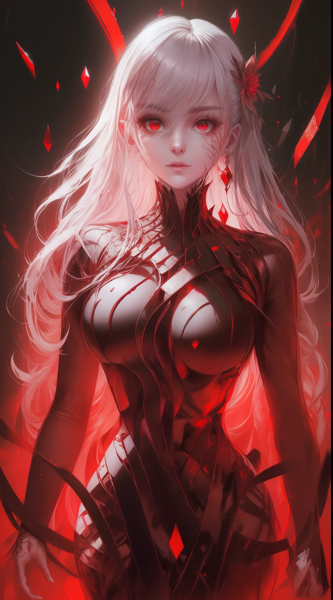 A beautiful Slavic 20yo queen, covered in floral royal crystal jewel filgree, glowing Red eyes, beautiful face,fine body, modern dress,Bold and majestic look, ultradetailed, broken glass screen cover