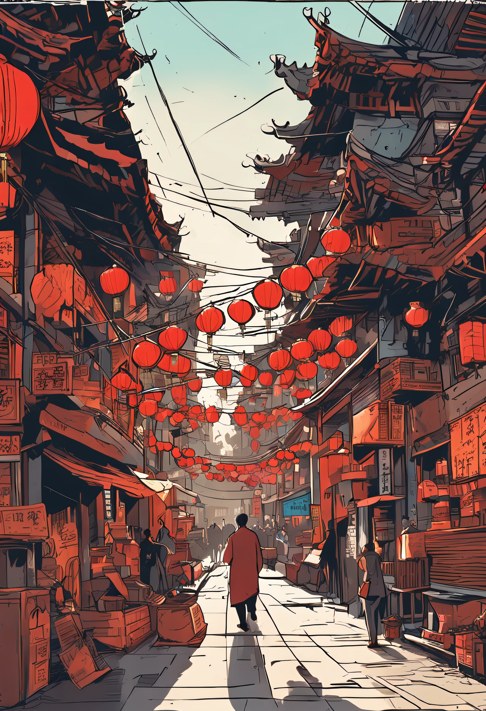 Chinese-style street architecture，Symmetrically distributed houses，Spectacular sunset，Bustling pedestrians，The hawkers are constantly shouting，A prosperous sight。