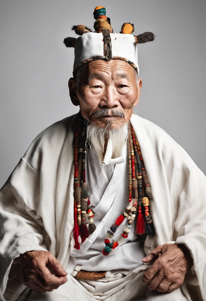 An elderly Chinese shaman man in a white robe, white mustache, k hd, Look at the camera, Studio lighting, actual