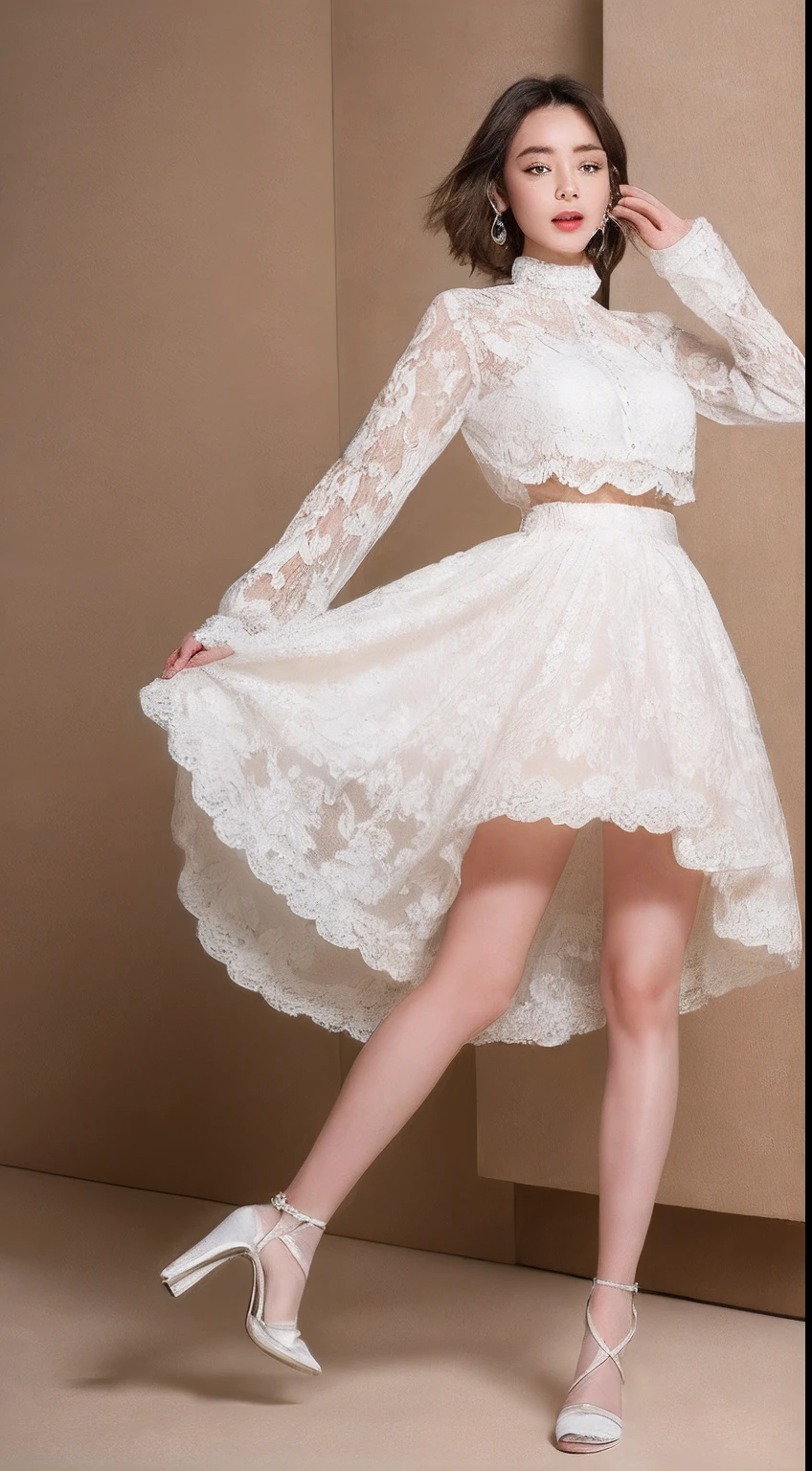 ((top-quality、8K、​masterpiece:1.3))Ultra High Image Quality1.3、SLR Quality、Cute Beauty 1.4、Transcendent Beauty 1.4、Real Skin 1.3、Marble background、Full body depiction 1.3、女の子1人、Glamour beautiful woman:1.3、(Brown Bob Hair 1.3、huge-breasted:1.2)、sexy facial expression、big eye、Long Sleeve White Lace High Neck Shirt:1.1、hyperdetailed face、ultradetailed eyes、super-detaild skin、Ultra detailed hands、Ultra-detailed fingertips on the face、Super detail beautiful legs、Super detailed beautiful hair、Ultra-detailed cloth、put one's hand over one's mouth、Korean Beauties、White lace skirt、piercings、beautiful and long legs、high-heels、Standing like a model、Walking、Stretching legs、 a beauty girl、The ultimate legline beauty
