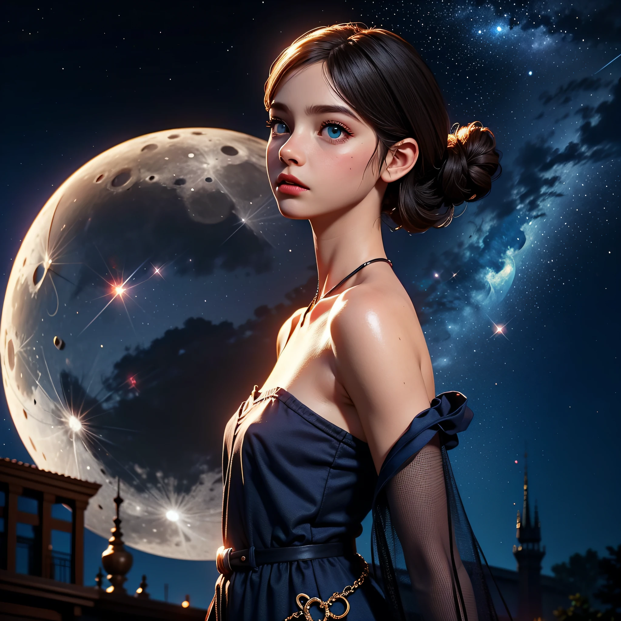 (shot from a far distance,wide wide shot,low angle shot,full body),Very beautiful Disney princess, Delicate skin, Turquoise eyes, Delicate makeup, Barbie Girl, Neck accessories.3D,Disney-style illustration,, NOWAI,the night,starrysky,Moon,Natural lighting,