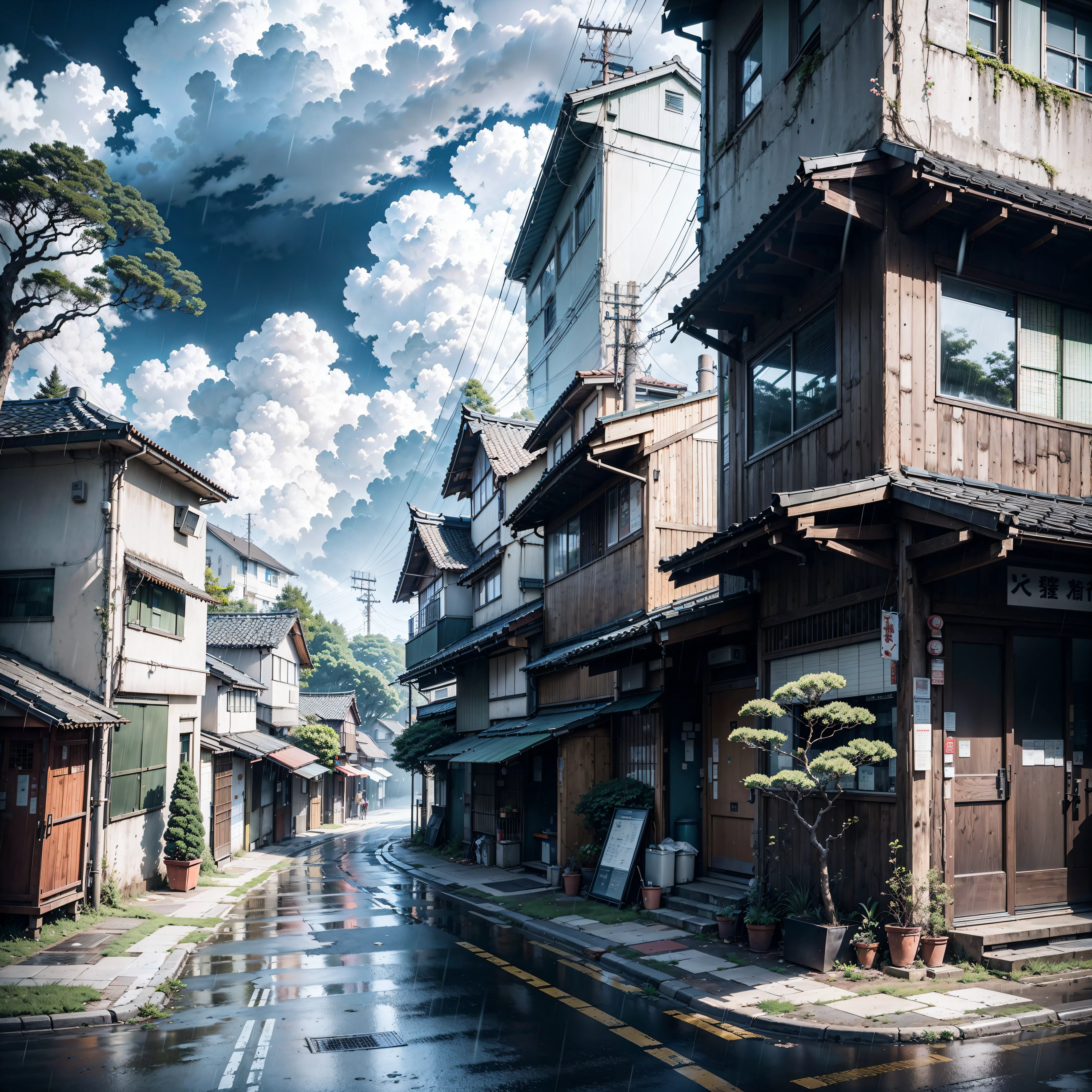 raining, gloomy weather. Japanese bus stop, surrounded by trees and vegetation on one side of the street and modern japanese buildings on the other side. Best quality. No one in sight. Anime. Anime style. lofi. dramatic weather. wide view, wide angle. Next to street. Modern village