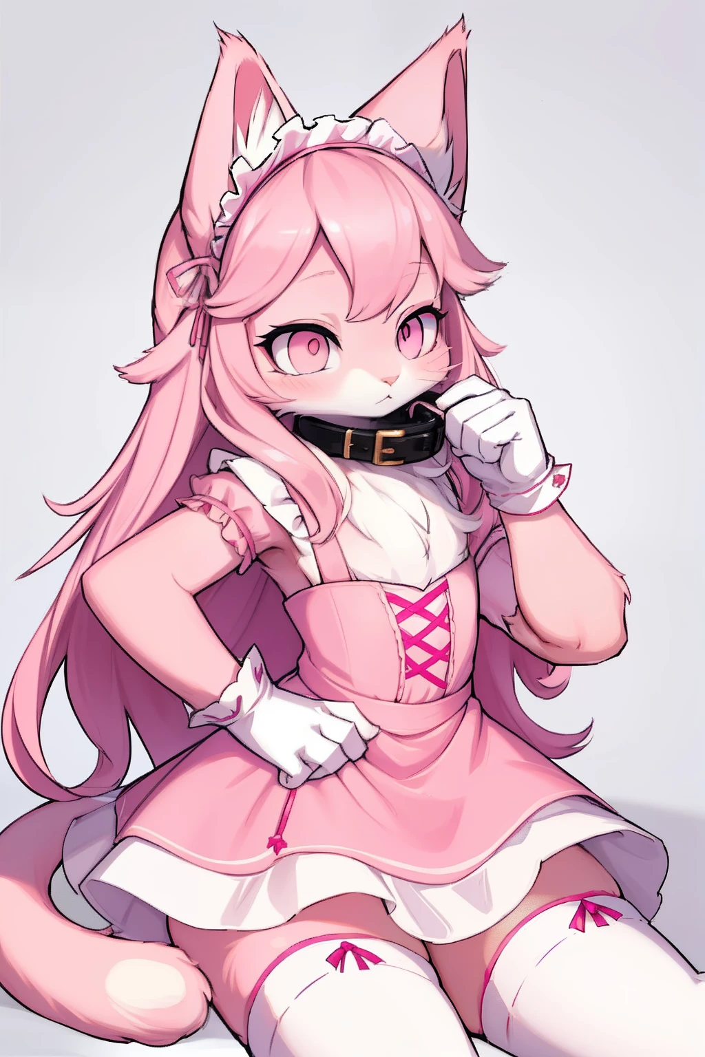 Master piece, perfect, highly detailed, (little hibryd anthro cat femboy), fluffy pink fur, ((pink eyes)), ((1))fluffy cat tail, pink long hair, tiny chest, (pink cat ears), wearing a pink collar, pink maid dress, silk white gloves, silk white thighhigh socks, wearing a pink muzzle, truemuzzle, eyesgod, niji, eyesgod, niji,