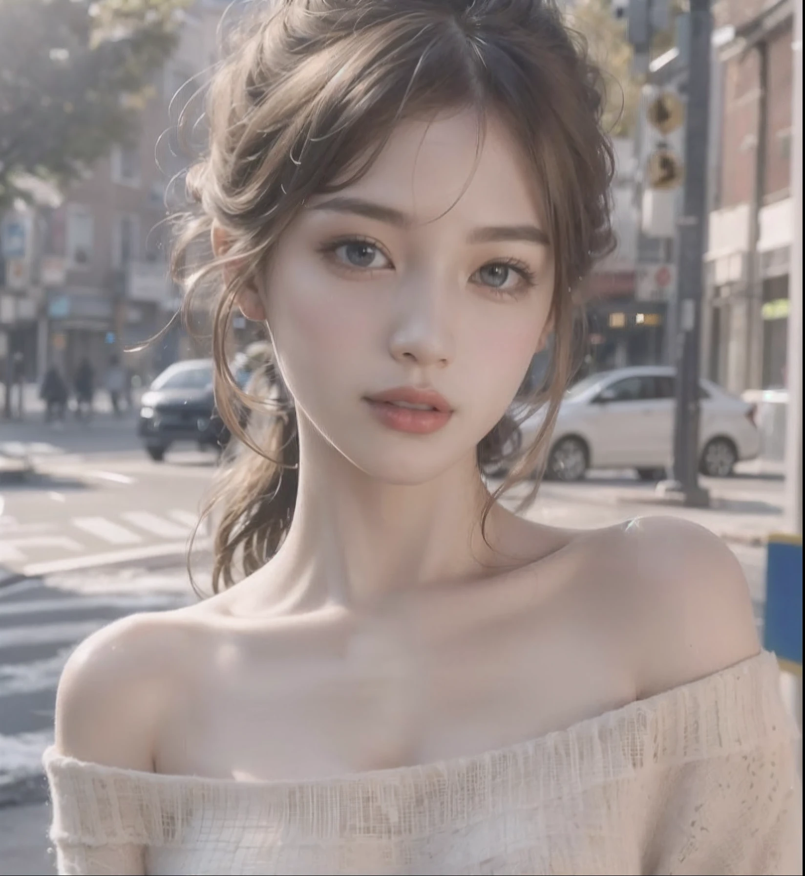 Close-up of a woman wearing a jacket standing in the street, beautiful delicate face, korean girl, beautiful delicate face, beautiful young korean woman, A beautiful aesthetic face, girl cute-fine-face, beautiful south korean woman, Adorable young Korean face, gorgeous young korean woman, Cute fine face picture, Realistic. Cheng Yi, A beautiful asian girl