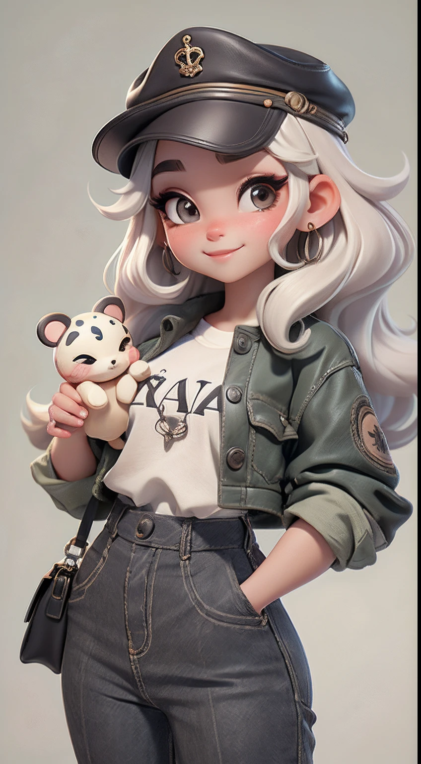 Create a series of cute baby chibi black dread style dolls with a cute safari theme, each with lots of detail and in an 8K resolution. All dolls should follow the same solid background pattern and be complete in the image, mostrando o (corpo inteiro, incluindo as pernas: 1.5)
Boneca Mini Safari: Chame-a de Marina. Ela deve ter cabelo pequeno em tom multicolorido. Seus olhos devem ser grandes e expressivos, with long eyelashes and rosy cheeks. Sorriso delicado e branco. Marina deve estar vestida com uma jaqueta, Camiseta, pants and an ornate safari hat. She must hold safari accessories. Certifique-se de adicionar detalhes nas roupas, such as buttons and pockets, sapato bonito
Certifique-se de adicionar sombras, texturas e detalhes nos cabelos, roupas, Safari utensils, to make them even more adorable and charming.