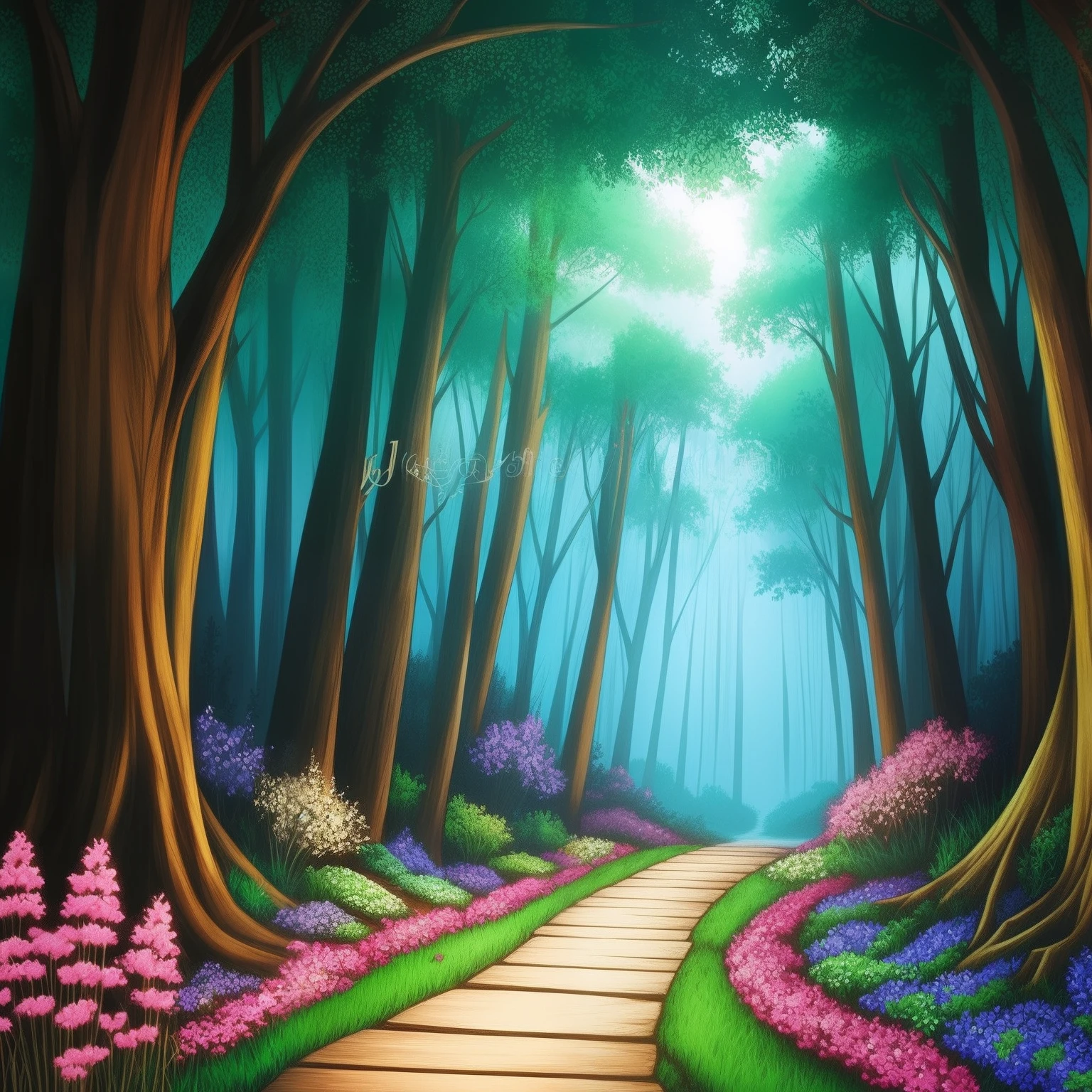 magical forest　Entrance to a dark forest with several flowers　Picture book style illustration