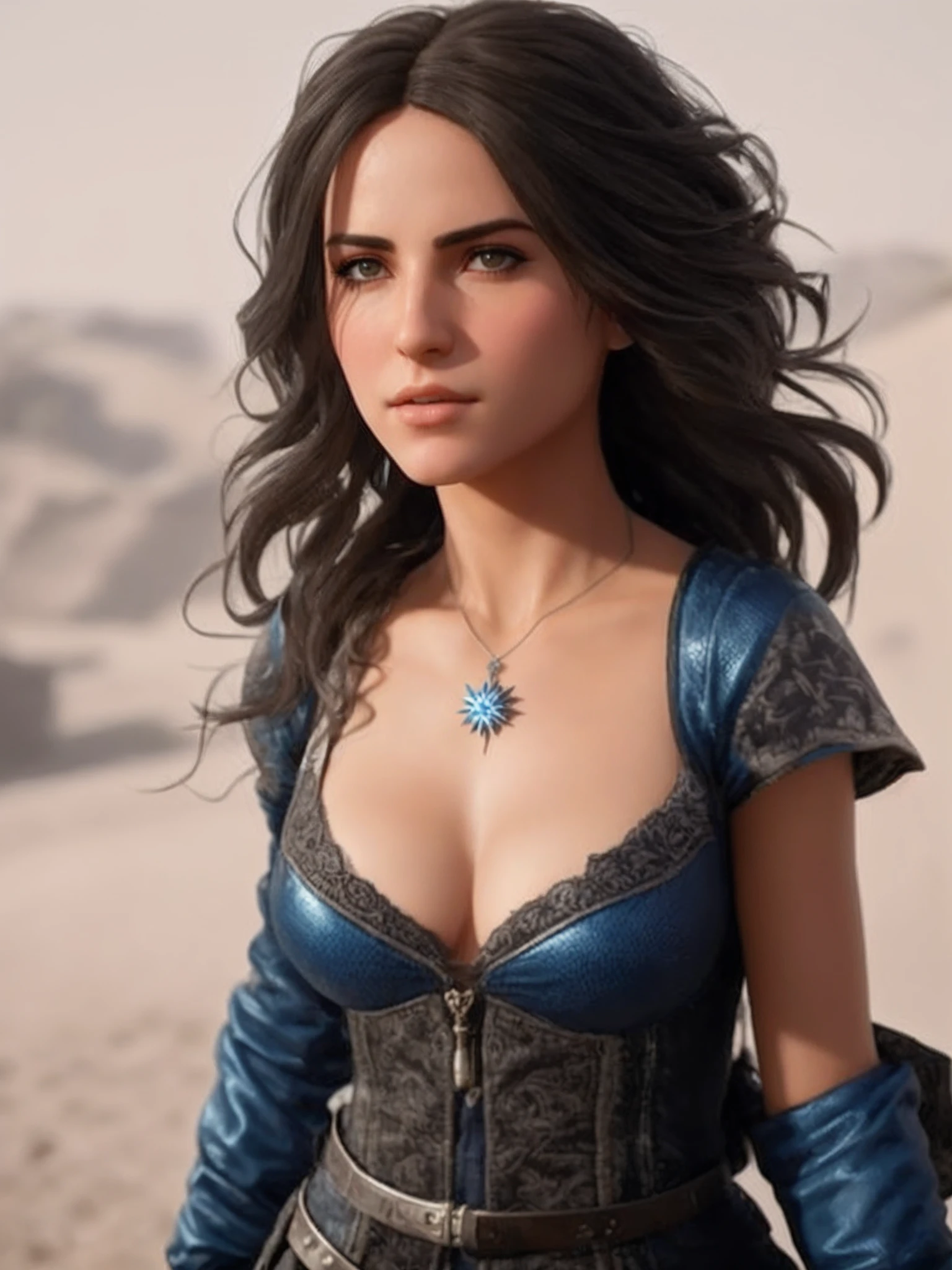 mulher em luvas pretas e um vestido azul, protagonista feminina, Personagem pequeno. Motor Unreal 5, Yennefer, roupas muito detalhadas e ricas, Personagem feminina solo, em roupas! altamente detalhado, Yennefer de Vengerberg, cinematic highly detailed, arte do personagem do motor irreal, highly detailed cinematic, octane highly detailed cinematic