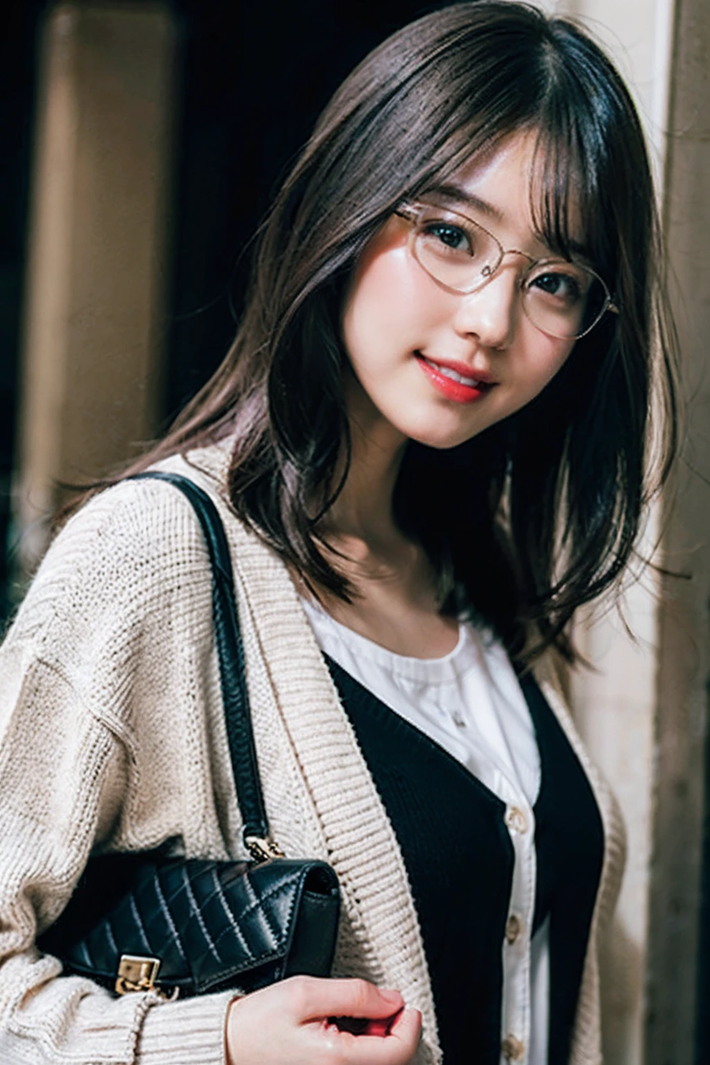 (8K、Raw photography、top-quality、​masterpiece:1.2)、(realisitic、Photorealsitic:1.37)、ultra-detailliert、超A high resolution、女の子1人、see the beholder、beautifull detailed face、A smile with a little visible teeth、Constriction、(Slim waist) :1.3)、((Wearing a cardigan))、pastel clothing、Beautiful detailed skin、Skin Texture、Floating hair、((Semi-long-haired hair))、large breasts with good shape、Professional Lighting、In front of the station at noon、((Black square glasses))、Whole human body、Black hair、((Have a small handbag))、Wave to the viewer、