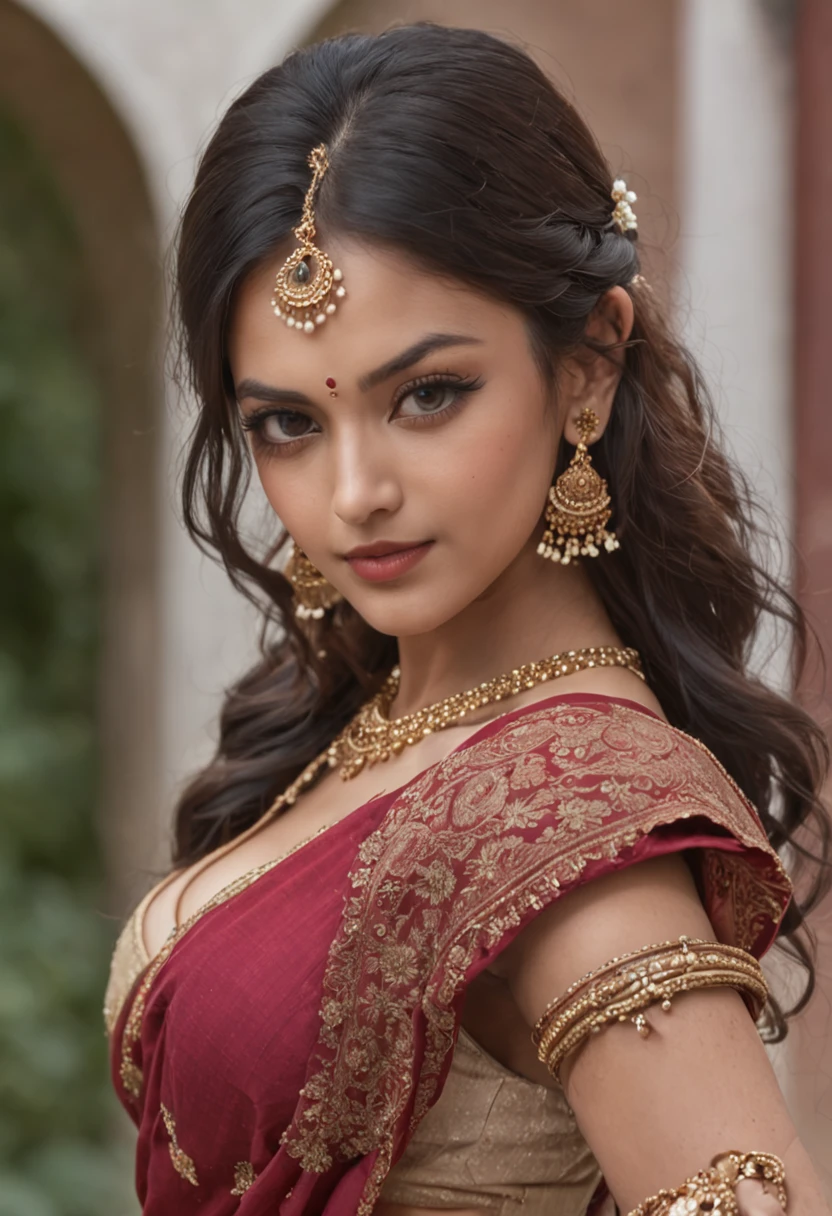 a woman in a sari posing for a picture, indian goddess, traditional beauty, indian, beautiful goddess, ornate cosplay, indian style, indian super model, beautiful maiden, gorgeous woman, south east asian with long, provocative indian, gorgeous beautiful woman, intricate outfit, hindu aesthetic, beautiful asian girl, extremely detailed goddess shot, jaw-dropping beauty, big boobs deep cleavage sexy navel