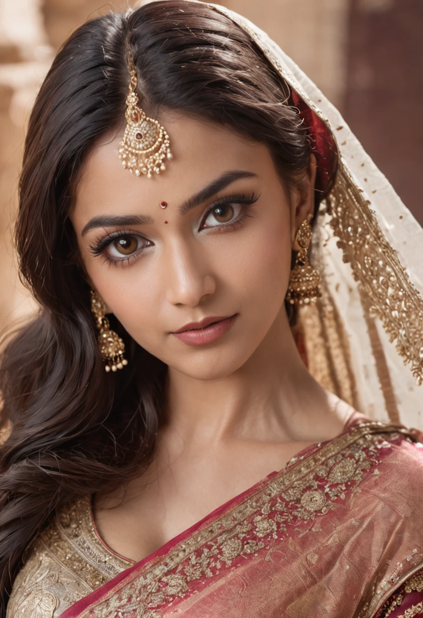 "A young woman with fair complexion, originating from India, is portrayed in meticulous detail in this frame. She has beautiful, long, black hair, round black eyes with intricate details, and nicely shaped lips. She has a cute and slightly shy expression. She is dressed in traditional Indian attire and has a slender figure. The focus is on her detailed hands and fingers."