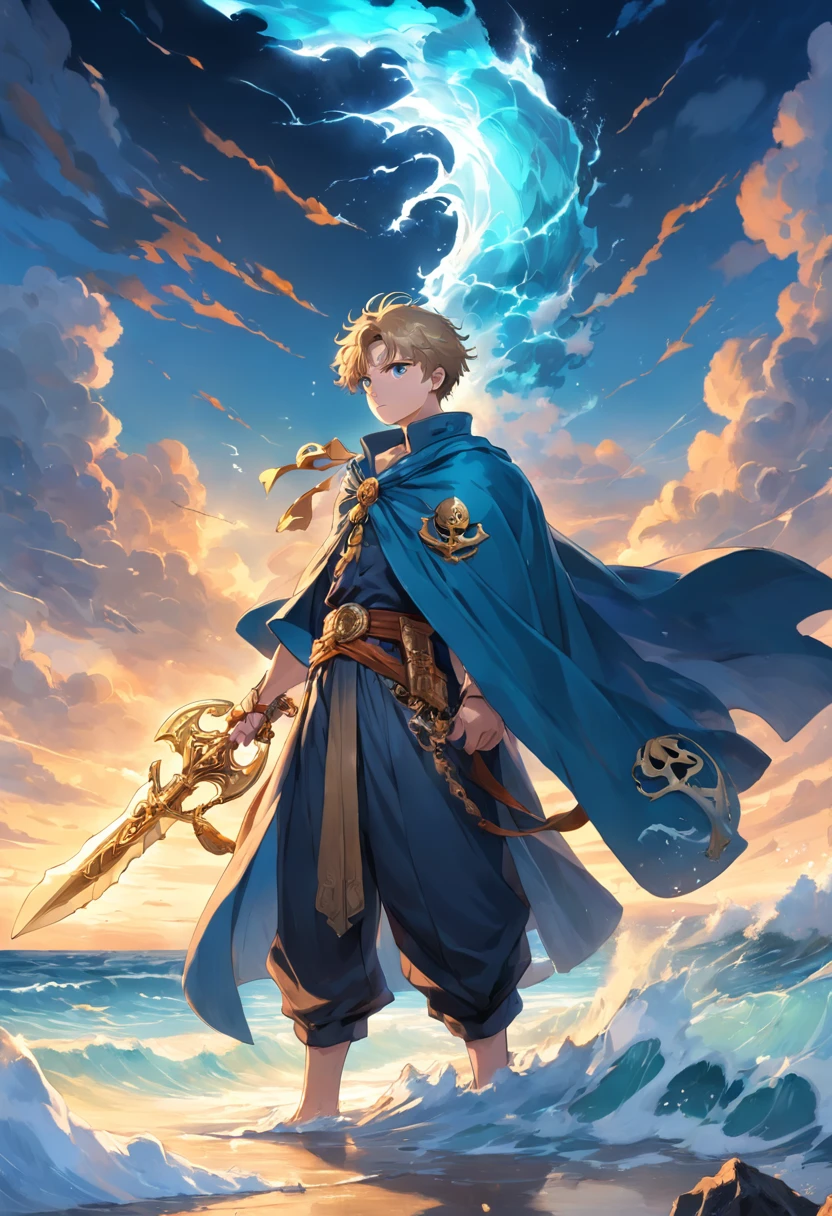 Marine style,Rocky beach with crashing waves,Cloud-filled blue sky,Golden sea at sunset,The boy stood up bravely,Holding a mysterious magic weapon that emits light,Wear a handsome cloak and mysterious talisman,Carrying a splendid legend,Closely connected to him is a sharp ancient weapon.