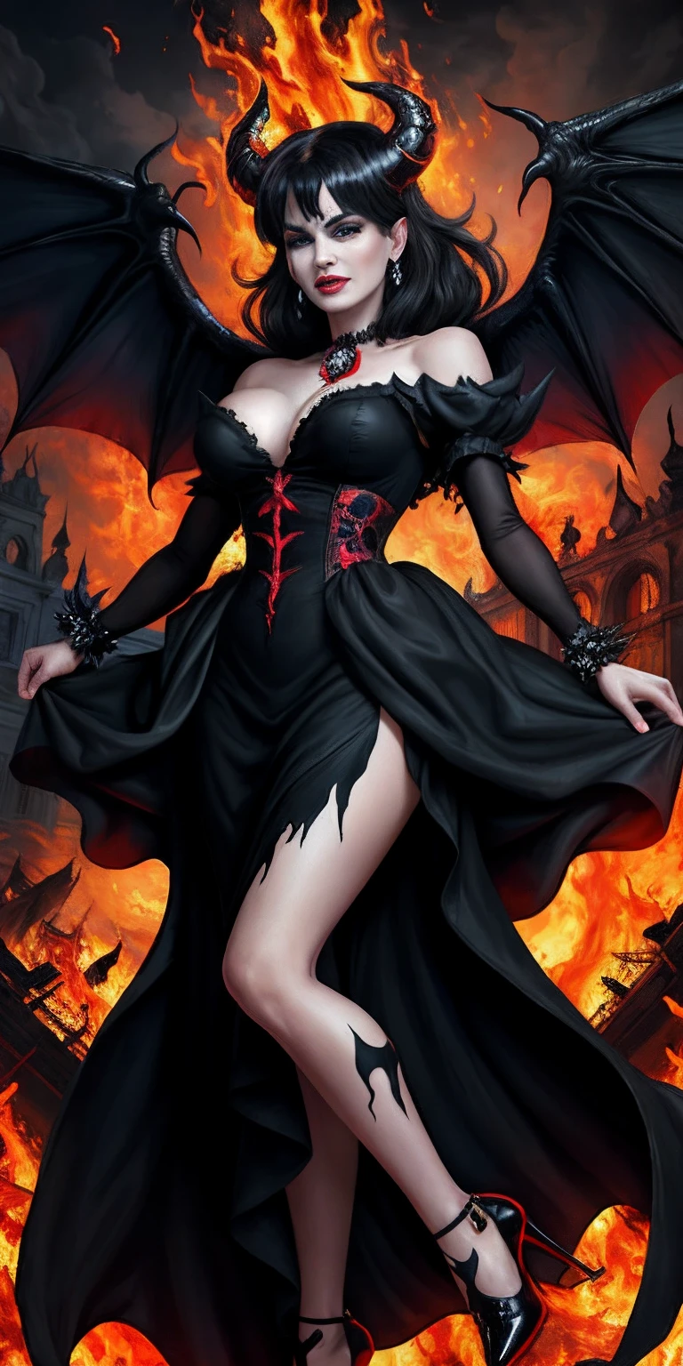 Ultra-detailed Lisa Ann stands atop a pile of burning ruins, Her diabolical and insidious presence radiating from her dark crown and black and red evil queen dress.... Her demon wings on her back and demon horn give her an invincible aura as she unleashes a powerful wave of destruction with a single gesture......