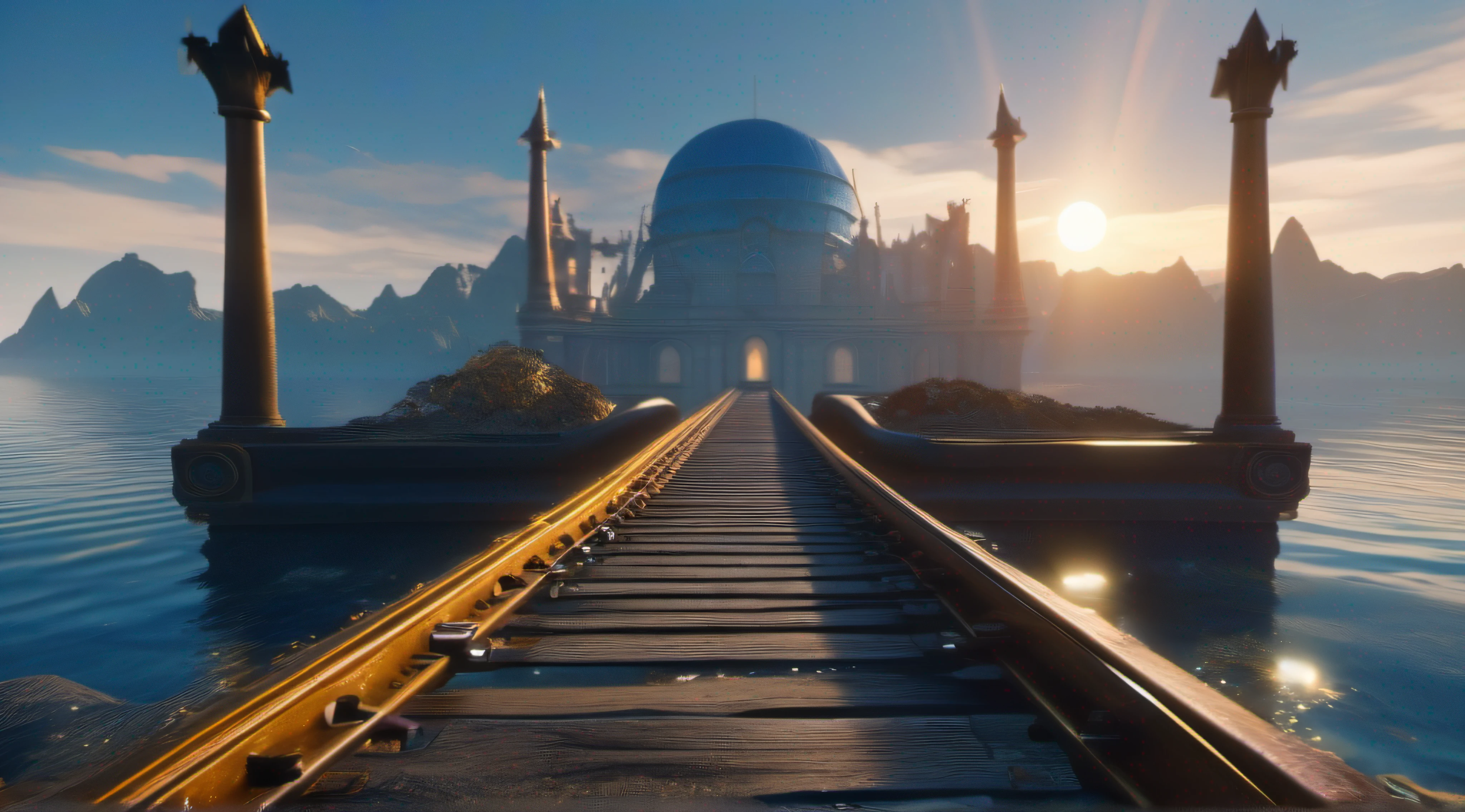 a rail road going to behind a blue glowing planet, inside of water, ruins of Lost Atlantis, made of gold, rendered in unreal engine 5, high detail, ultra quality, shot from outside ,