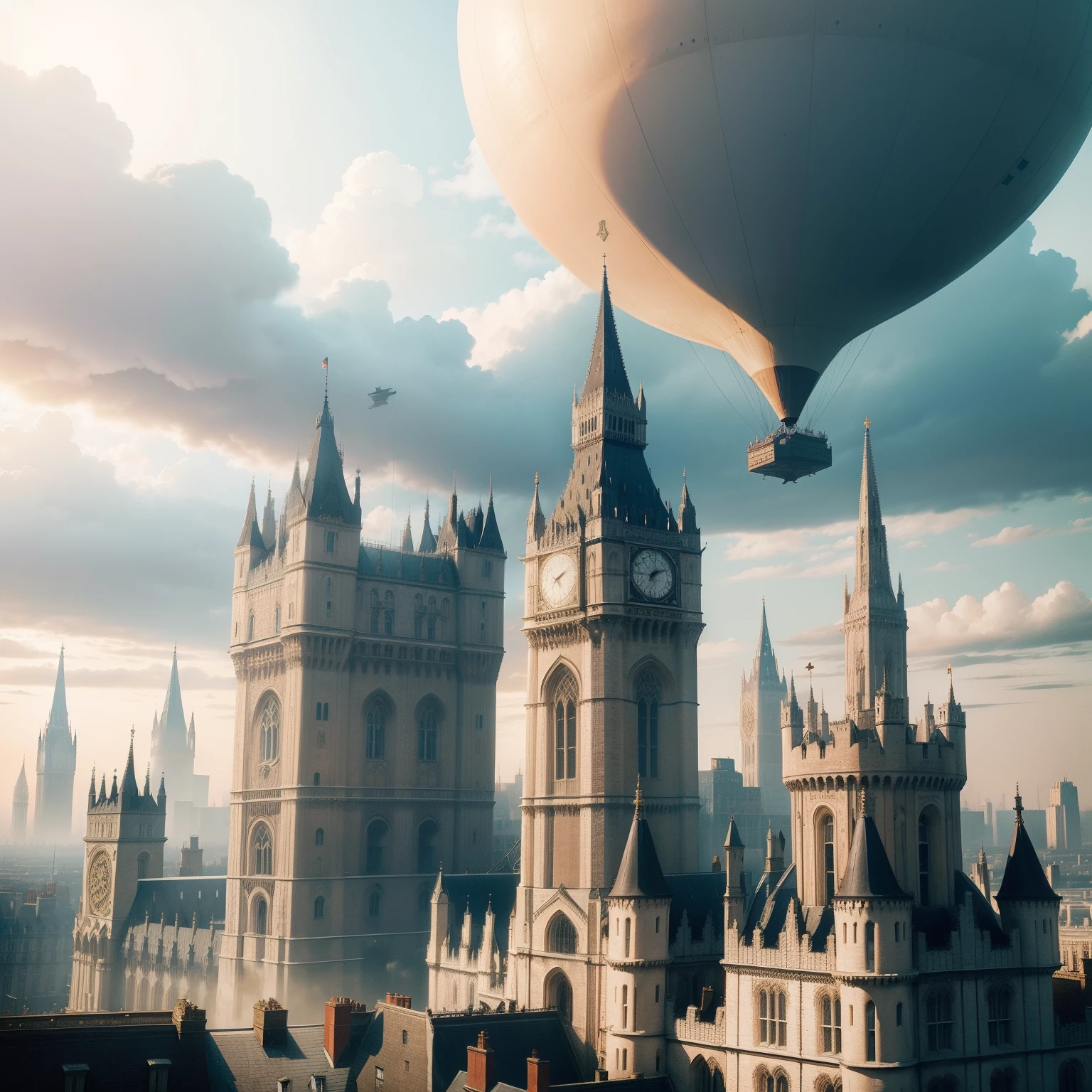 Huge castles hang over London,Countless airships floated over the city