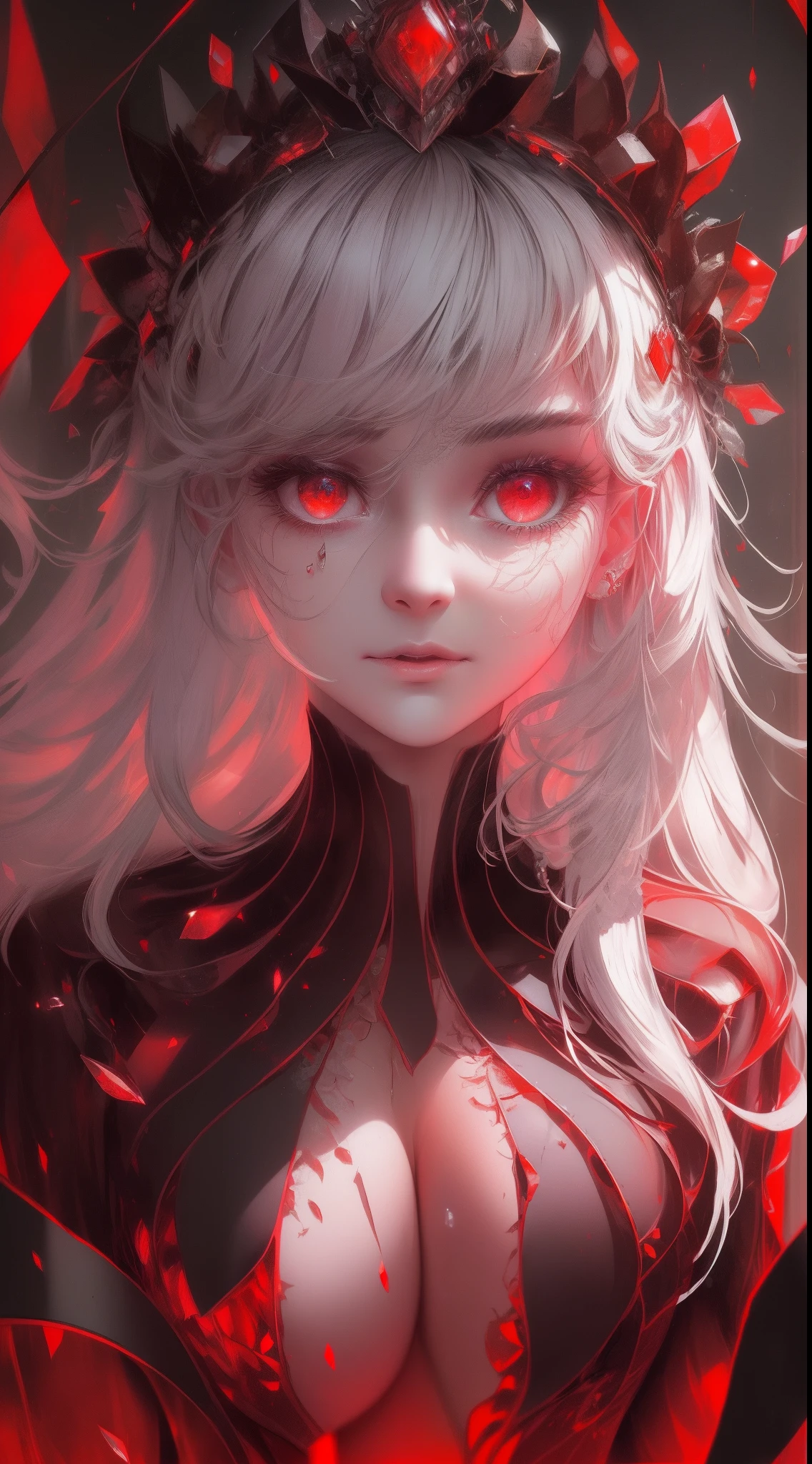 A beautiful Slavic 20yo queen, covered in floral royal crystal jewel filgree, glowing Red eyes, beautiful face,fine body, modern dress,Bold and majestic look, ultradetailed, broken glass screen cover