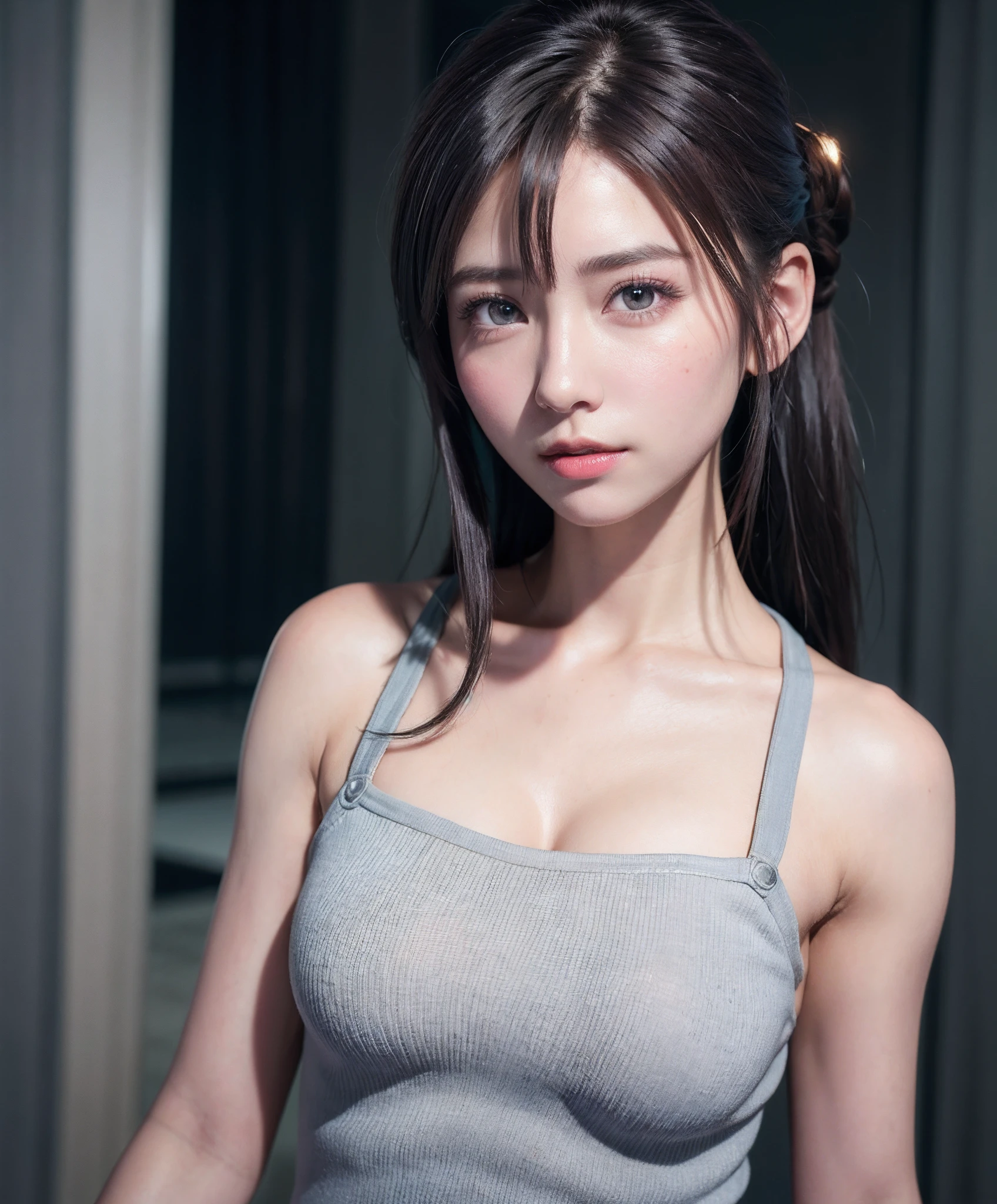 (((NSFW1.0))), 20-year-old woman、Black-haired、(Top Fade:1.3)、Gray Hair、Dark Theme、Calm tone、Calm colors、High Contrast、(Natural skin texture、Hyperrealism、Soft Light、sharp)、(Masseter muscle area:1.3)、(8K、Photorealistic、RAW Photos、Highest quality: 1.4)、Beautiful expression、(A vivid face)、Beautiful hairstyle、Realistic eyes、Beautiful details、(Realistic Skin)、Beautiful Skin、(black lace bodysuit)、Absurd、Charm、Ultra-high resolution、Surreal、High detail、Golden Ratio、Huge 、Supermodel,Full Body Shot,Centered,Wild feeling