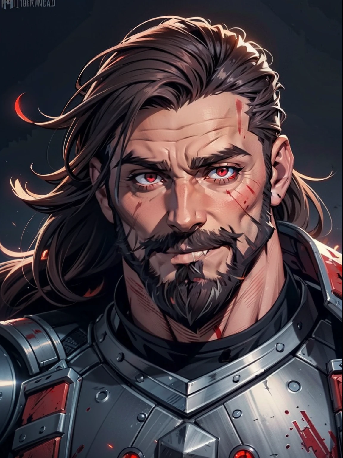 Dark night blood moon background, Darkest Dungeon style. A close up of a Todd Smith as Ares with mullet hair and a short beard. Trending on Artstation athlete, handsome, defined face, detailed eyes, short beard, glowing red eyes, brown-grey hair, wily smile, badass, dangerous. Wearing modern armor and casual clothes.