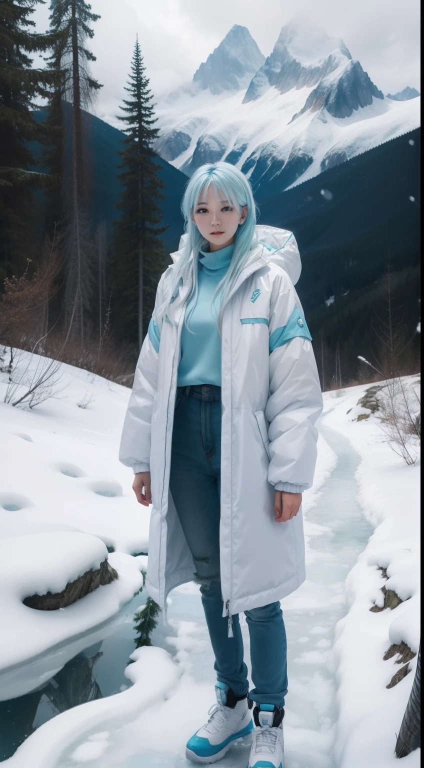 Young beauties,Clear face,Beautiful face,long baby blue hair,White down jacket,Full body like,solo person,Mountains and forests background,Ice and snow,