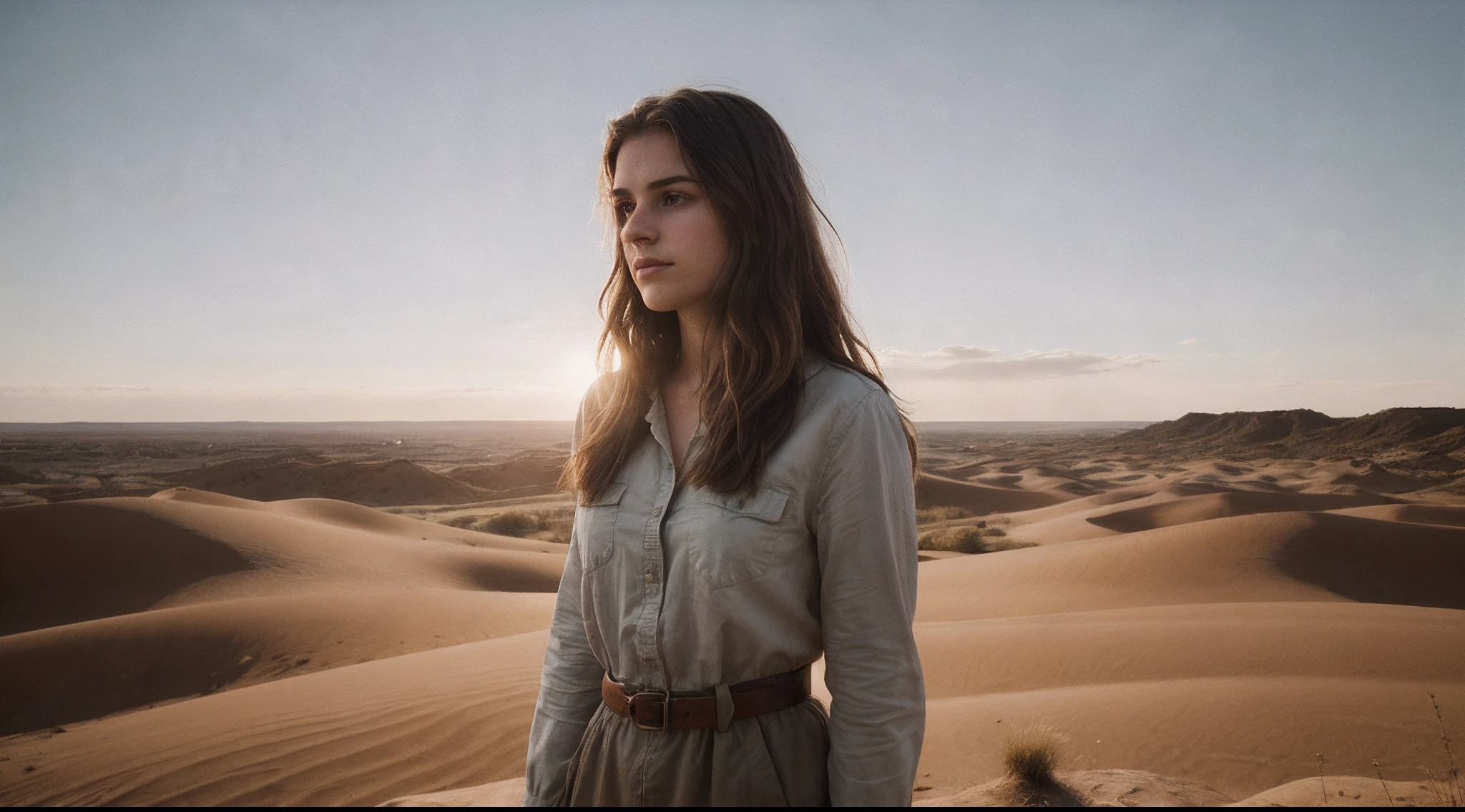 A 20-year-old woman，Hair and brown beard staring at the horizon，Think about her life, 1 person in the scene, country scenery, There is a lot of dust in the wind, Calm and peaceful composition。。。。。, Panoramic view, Contemplative scenes, Pastel colors, Full body shot, and the sun was shining brightly，Plenty of daylight, cinematic perspective, High definition, Intricate details, Dynamic composition, volumettic light, primitive, Masterpiece, Fujifilm XT3, Shadow contrast, Photorealistic
