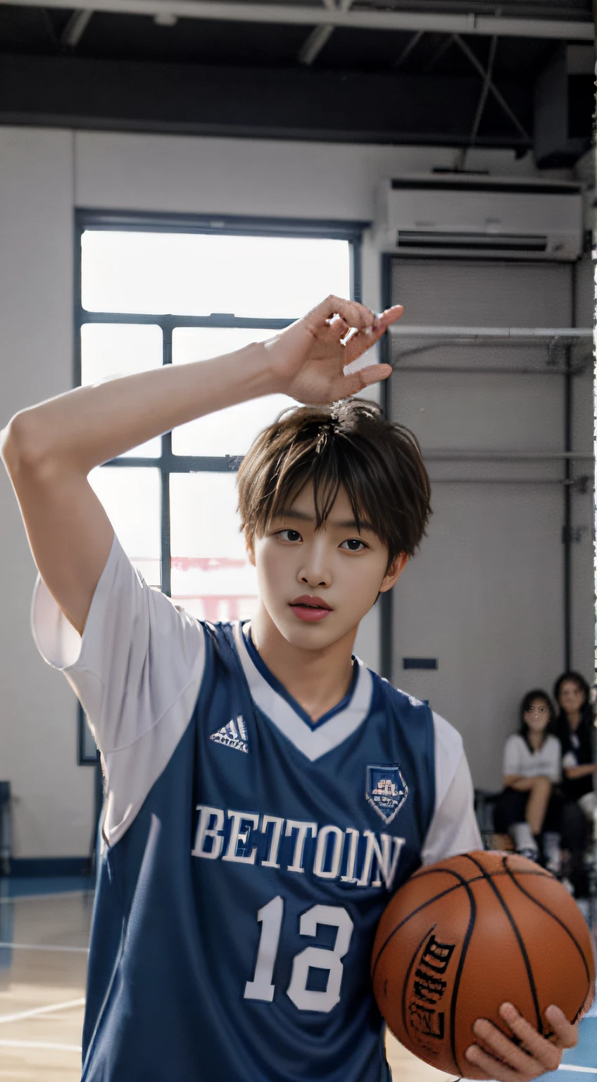 tmasterpiece，best qualtiy，One cool boy、beautiful countenance、hight resolution，超A high resolution，realisticlying、韓国アイドル、Handsome face、natural soft light，looking at viewert，basket ball uniform、Basketball court