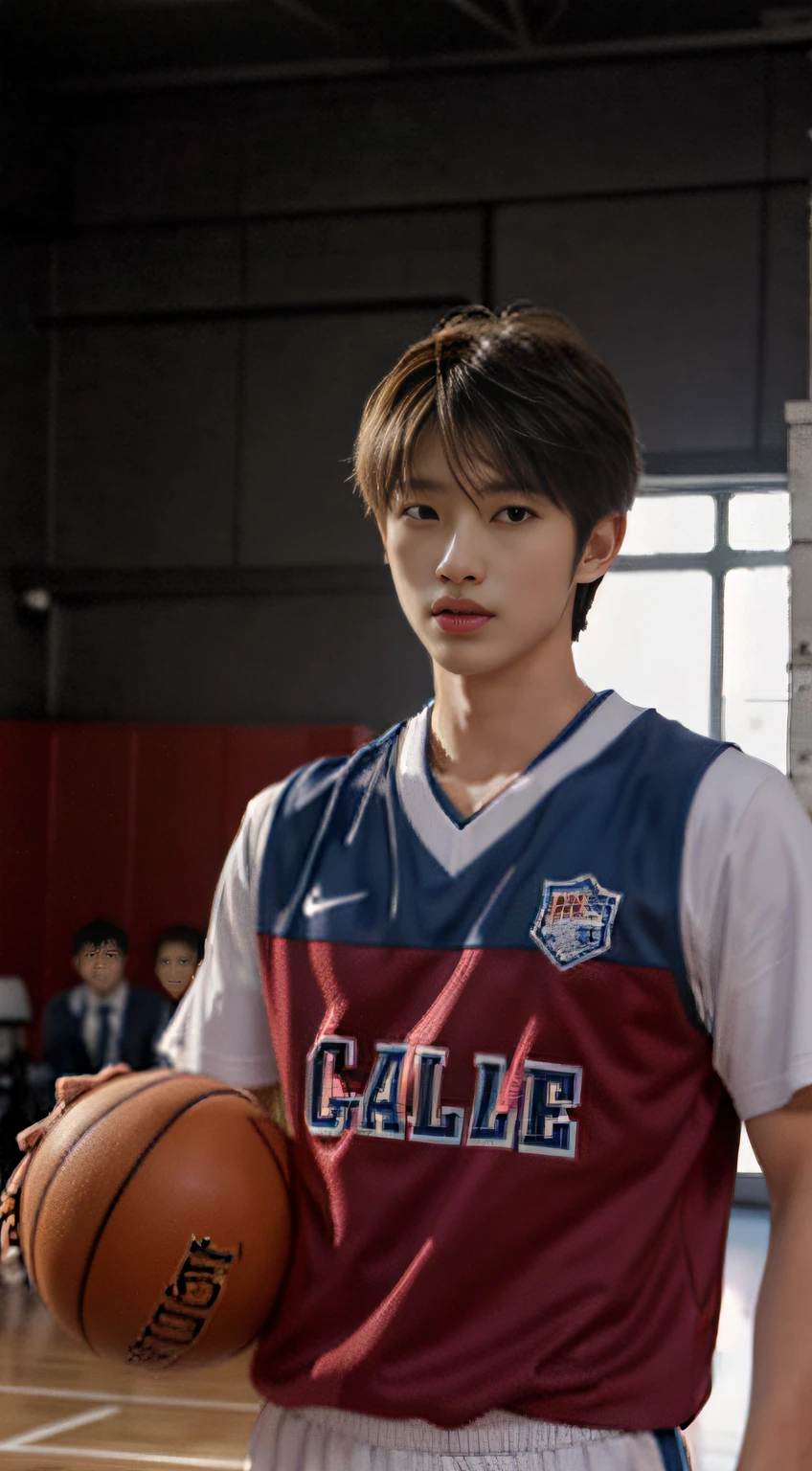 tmasterpiece，best qualtiy，One cool boy、beautiful countenance、hight resolution，超A high resolution，realisticlying、韓国アイドル、Handsome face、natural soft light，looking at viewert，basket ball uniform、Basketball court