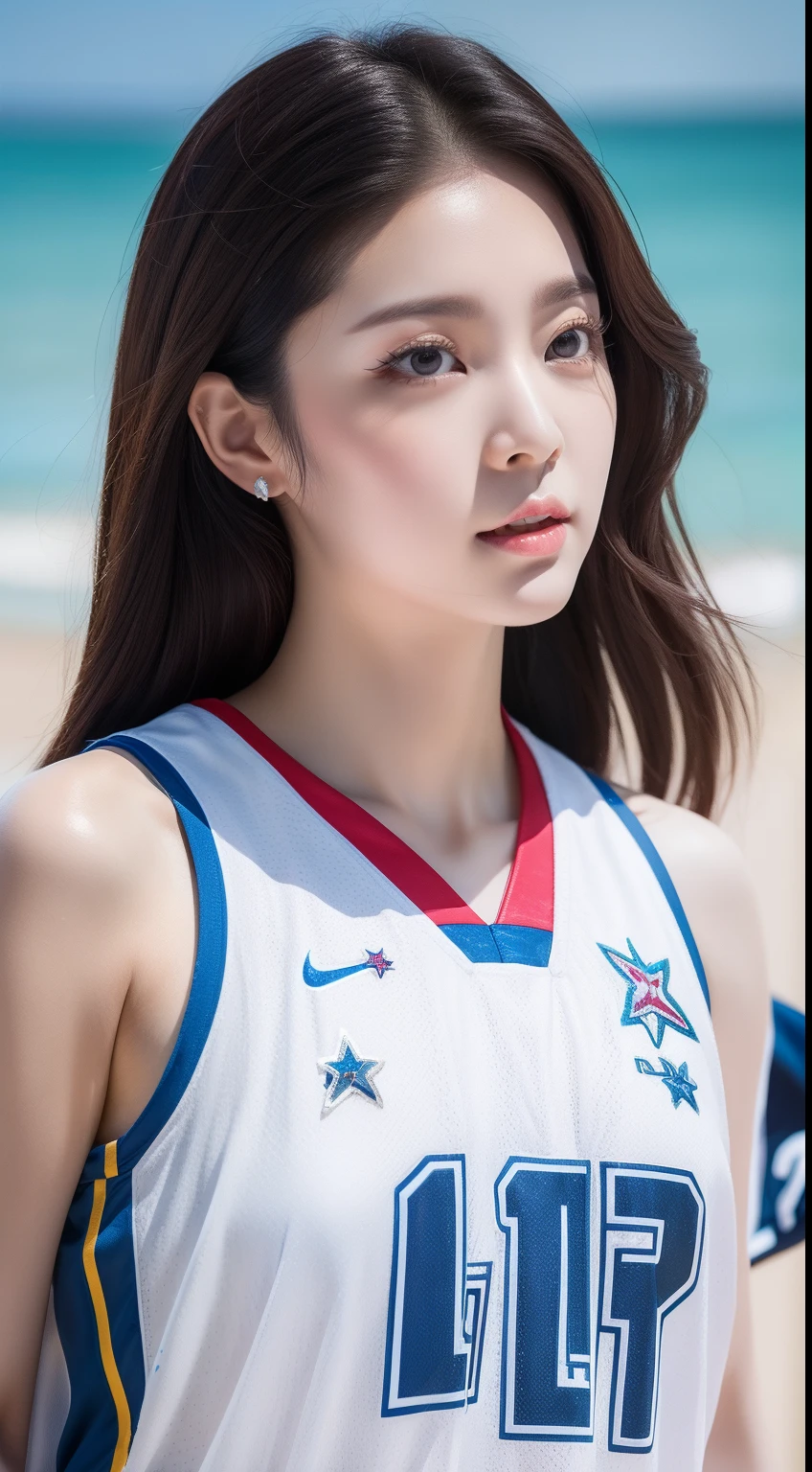 realistic photos of 1 cute Korean star, medium hair, hair flying, white skin, thin makeup, 32 inch breasts size, wearing basketball jersey, sea side, close-up portrait, Baroque, UHD