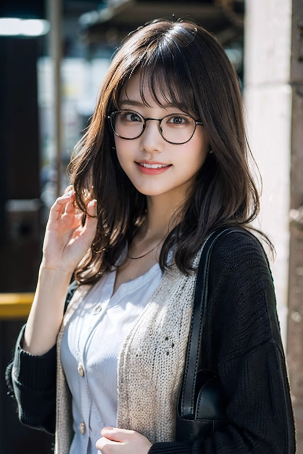 (8K、Raw photography、top-quality、masterpiece:1.2)、(realisitic、Photorealsitic:1.37)、ultra-detailliert、超A high resolution、女の子1人、see the beholder、beautifull detailed face、A smile with a little visible teeth、Constriction、(Slim waist) :1.3)、((Wearing a cardigan))、pastel clothing、Beautiful detailed skin、Skin Texture、Floating hair、((Semi-long-haired hair))、large breasts with good shape、Professional Lighting、In front of the station at noon、((Black square glasses))、Whole human body、Black hair、((Have a small handbag))、Wave to the viewer、