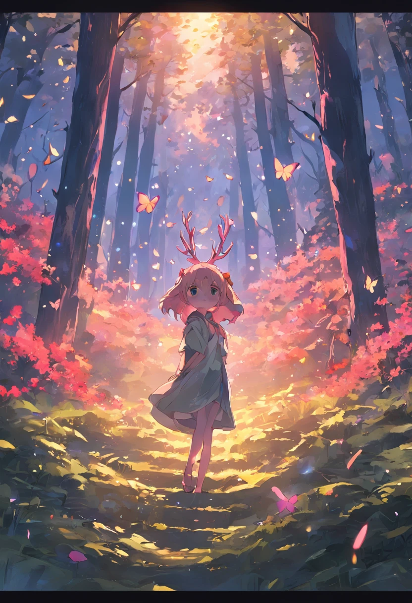 ln the forest,Deer elves,Ambient light,eventide,fresh flowers,butterflies flying