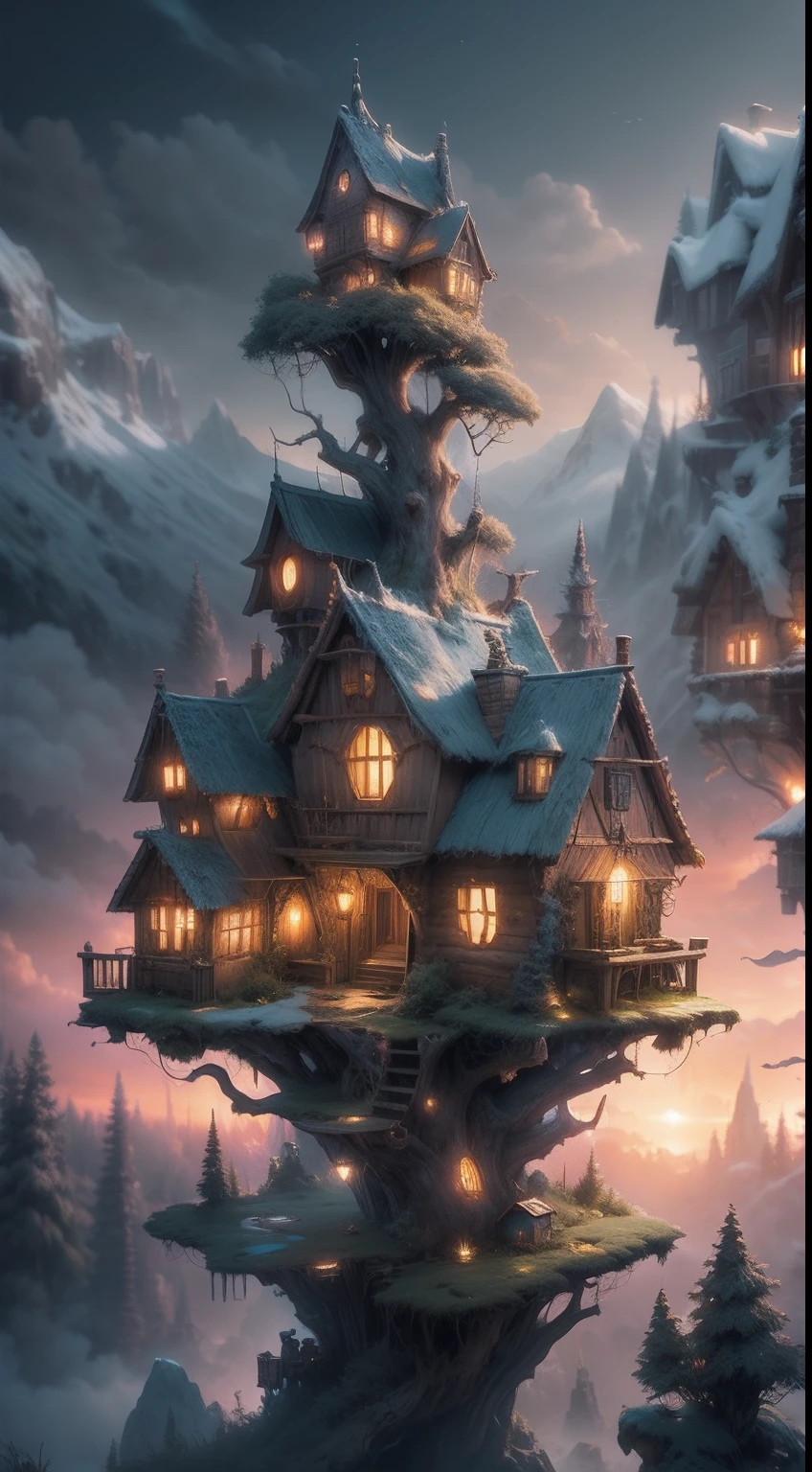 valley, fairytale treehouse village covered, , Matte painting, Highly detailed, Dynamic lighting, Cinematic, Realism, Realistic, photoreali, Sunset, Detailed, High contrast, denoised, Centered, Michael Whelan