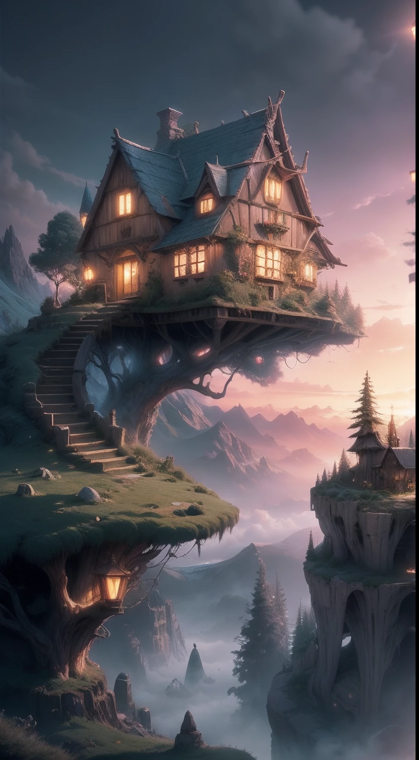 valley, fairytale treehouse village covered, , Matte painting, Highly detailed, Dynamic lighting, Cinematic, Realism, Realistic, photoreali, Sunset, Detailed, High contrast, denoised, Centered, Michael Whelan