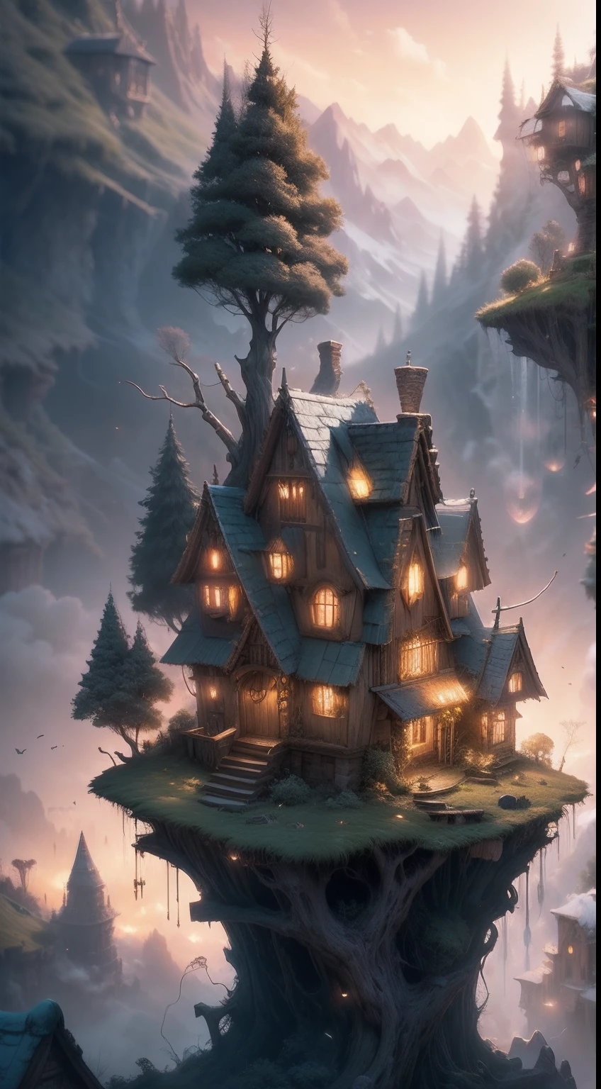 valley, fairytale treehouse village covered, , Matte painting, Highly detailed, Dynamic lighting, Cinematic, Realism, Realistic, photoreali, Sunset, Detailed, High contrast, denoised, Centered, Michael Whelan