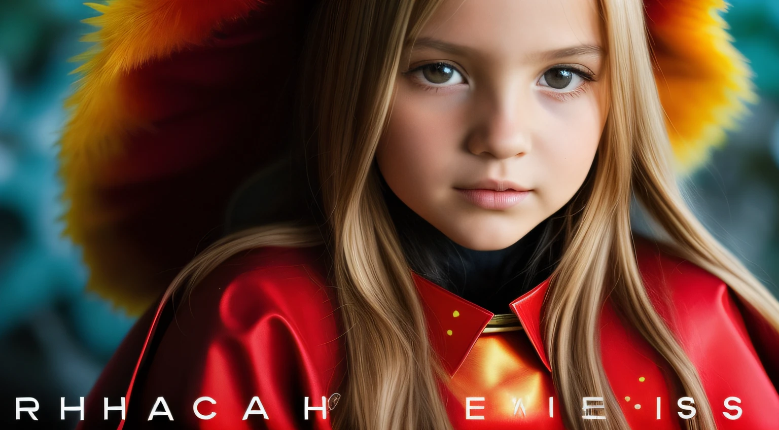 KIDS GIRL BLONDE LONG HAIR com um capuz vermelho em um fundo vermelho, um close up, Erosions, scorpions, Caparisons, Album art, prop rocks, album cape, chifres vermelhos, new album cover, Arte Oficial, Arte Promocional, Arcontes, rochas afiadas, rochas alaranjadas, Explosions, rochas), alternate album cover, Variations, progressive rock album cover, album cape!