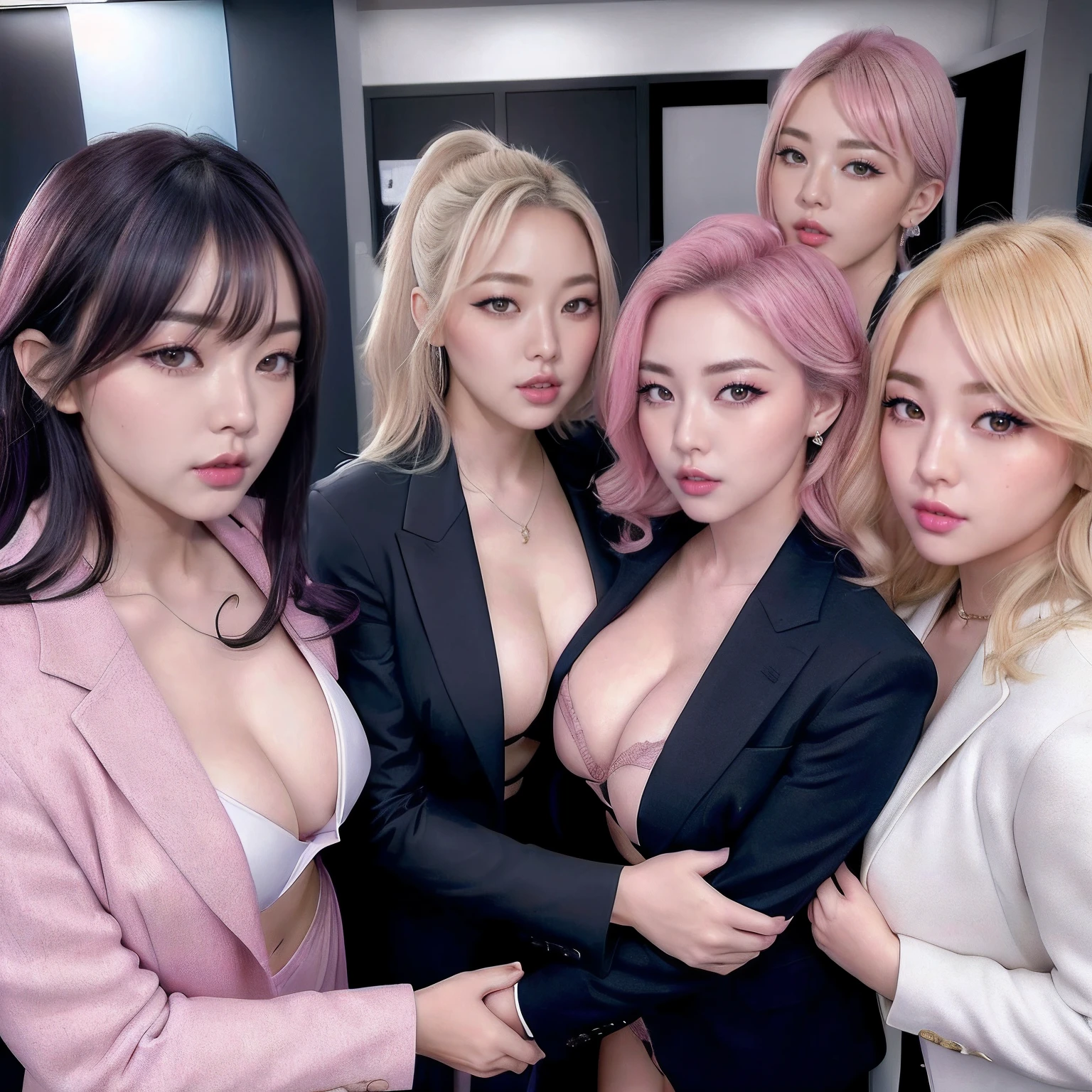 6 women、Chest huddled around the camera、25-years old、masterpiece、top-quality、ultra-detailliert、raw、japanes、Blonde hair、Inner Color Hair Color、(Curvaceous:1.4)、(Smaller face:1)、makeup、(eye liner:1)、eyeshadows、Pink lip、gals、Farbe々Hairstyle、Big breasts、Suit jacket、Taking off your jacket、Suit pants、laced lingerie、Unconventional, Sexy appearance, s Office、(Looking at the camera:1.4)、(Looking into the camera from above:1.4)、Extreme close-up of chest