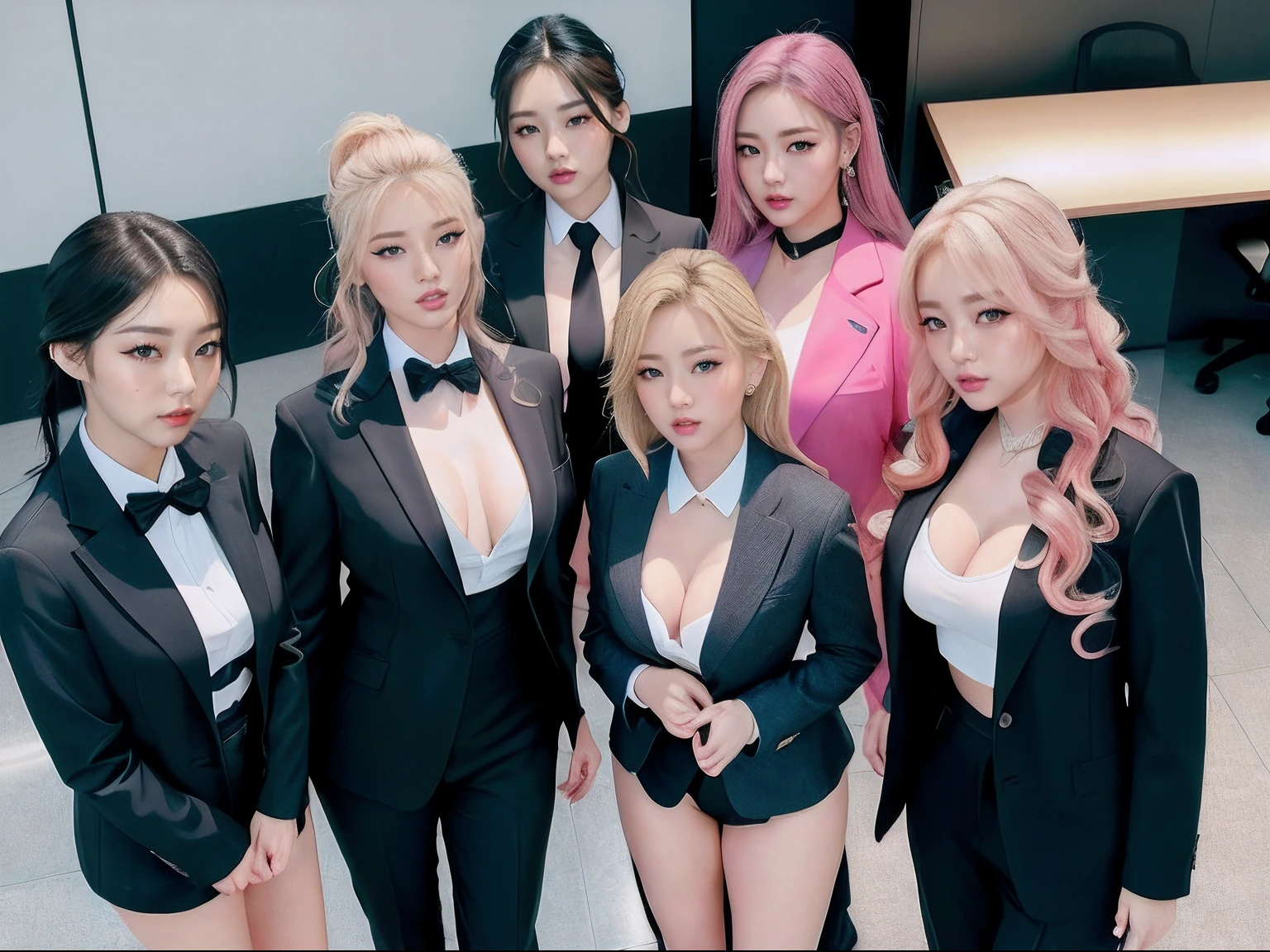 6 women、Line up around the camera、25-years old、masterpiece、top-quality、ultra-detailliert、raw、japanes、Blonde hair、Inner Color Hair Color、(Curvaceous:1.maller face:1)、makeup、(eye liner:1)、eyeshadows、Pink lip、gals、Farbe々Hairstyle、Big b jacket、Taking off your jacket、Suit pants、laced lingerie、Unconventional, Sexy appearance,Office、(Looking at the camera:1.4)、(Looking into the camera from above:1.4)