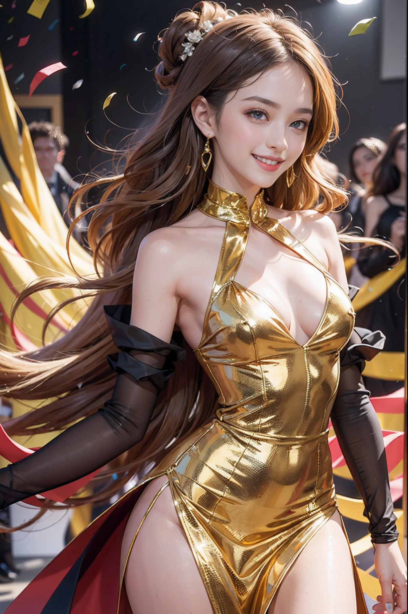 1girl in, (Smile:1.6) ,stunningly beautiful girl, Haute_Couture, designer dress, high-heels,high fashion, High Brand,Famous fashion shows, (Indoor runway:1.4),Long shape face, beautiful countenance, darkred eyes, Sandy Blonde Side Sweep Hair, Short hair, Long ringlet, catwalk,Red carpet,Colorful confetti, Vivid colors, masutepiece, Best Quality, absurderes, Highest Quality, Amazing details, 8K, Aesthetic,Perfect Lighting,Look at viewers,Later angle,
