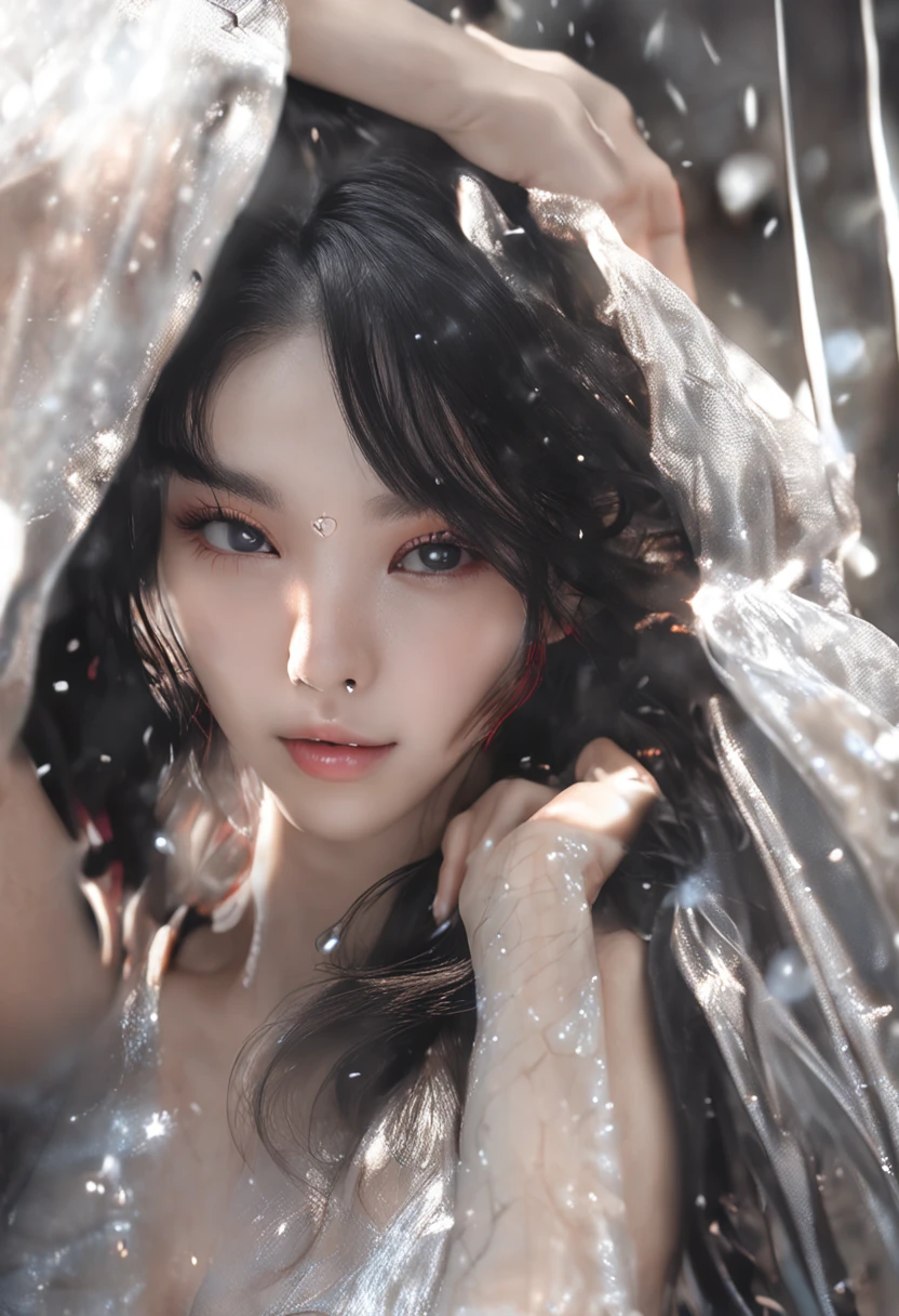top-quality、masterpiece、、超A high resolution、(Photorealsitic:1.4)、Raw photo、1 girl in、A dark-haired、shinny skin、a wet body、Dramatic sentences、full bodyesbian、bich、fully body photo、Black sexy underwear、huge-breasted、Very sexy body characterized by beautiful transparent skin、Its skin has a softness as if it were petals。For a delicately contoured face、Big eyes add sparkle。Its eyes shine like a starry sky.、Has magical powers that draw people in。The eyebrows are delicate and orderly,、 The nose is small and well-shaped.、Overall harmony。Underneath is a lovely little mouth、,Very sexy body、sexy facial expression、