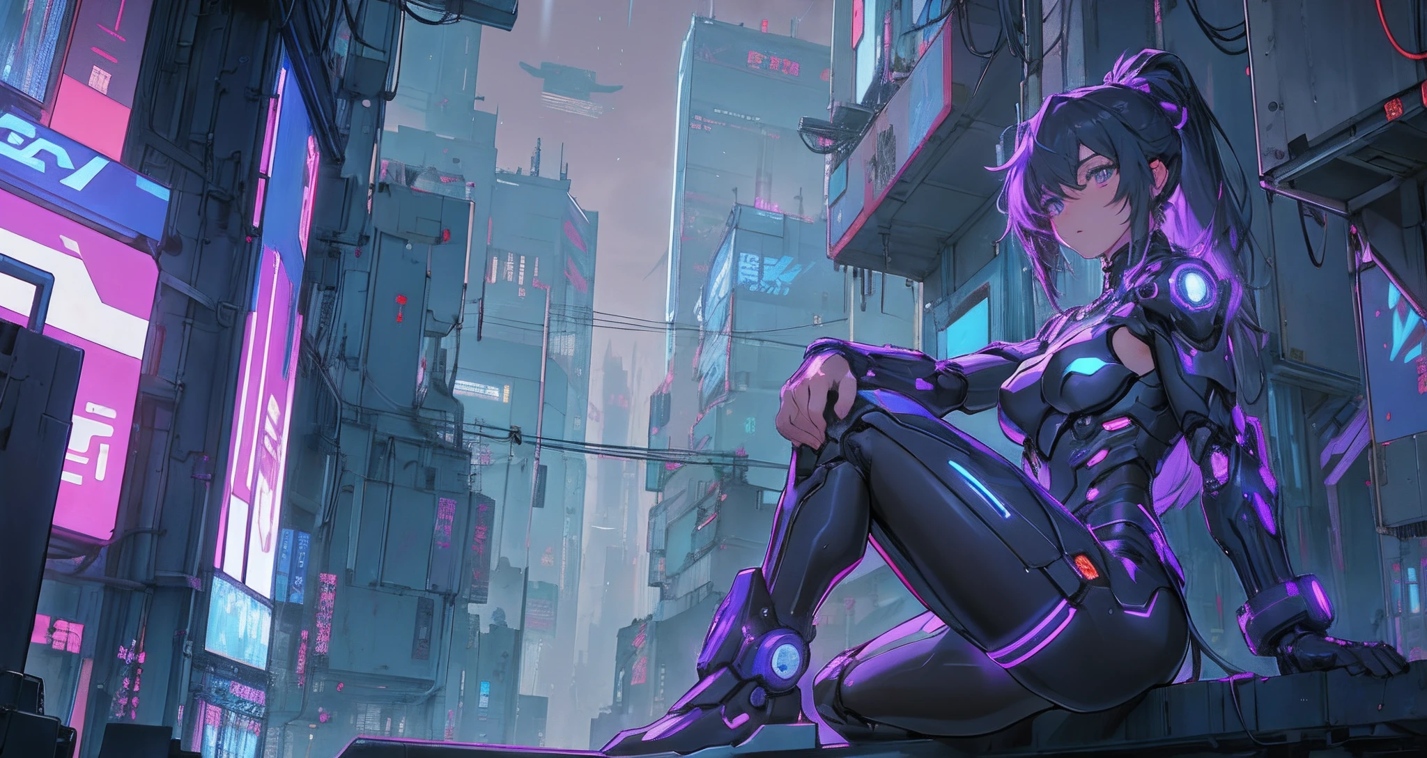 Cyber girl sitting on a city shelf at night。Cyberpunk anime art is、Envelop her as the digital world intersects。Modern cyberpunk art style illuminated by neon lights、It depicts the fusion of an anime girl and a mecha.。This cyberpunk-themed art is、Feels like a dreamy future。Take in views of the skyscraper-lined cyberpunk city、Her presence is enchanting,、It seems to be enveloped in mysterious magic。