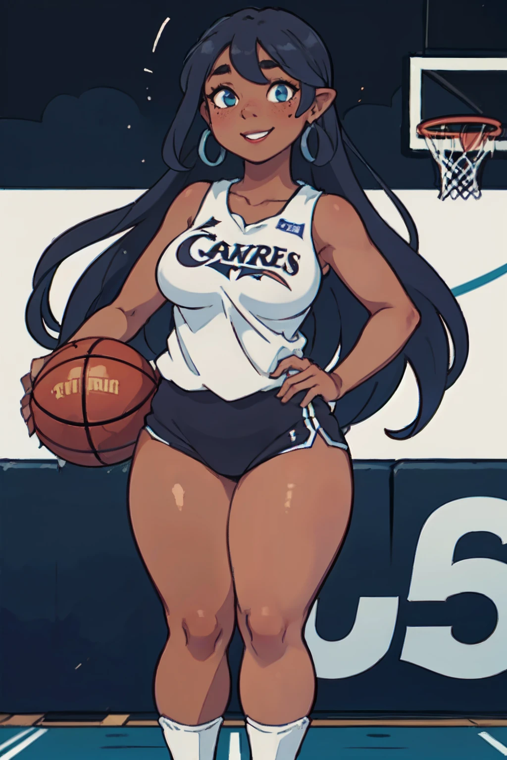 (1girl: 1.5), ((solo)), (dark skinned:1.8), goblin_girl, (azure_blue_hair: 1.8), very long hair, wide body, (small stature:1.6), (huge breast:1.6), hair between eyes, wide hips, blue eyes, mole, mole on chest, age up, lips, big lips, big noise, thick eyebrows, (chubby:1.6), smile, freckles, (basketball player: 1.5), basketball uniform, basketball court