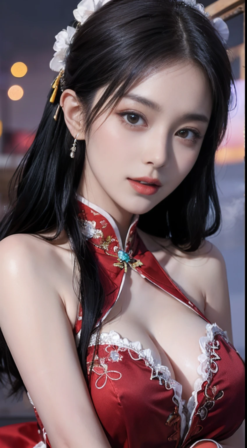 (hyper realstic)、Modern Oiran、(Female Ninja of the 21st Century)､Beautiful woman, high-level image quality　hight resolution　(Realistic)　Shorthair､Woman with dark hair、A MILF、Middle-aged woman、Big big、Detailed red-black 、detailed skin textures、超A high resolution、Realistic、Voluptuous body shape、happy looking face、Middle-aged beauty、Beautiful expression、With detailed red-black areola 、detailed brown eyes、long fluffy hair、Kamimei、Very delicate and detailed skin texture、35 years old、((Being in a Japanese garden))、Modern Oiran、Large cleavage、Large open neckline、bright red lips、Wearing gorgeous clothes, Luxurious and luxurious kimono、ear ornament、Silver collar and necklace、gorgeous hair decoration、