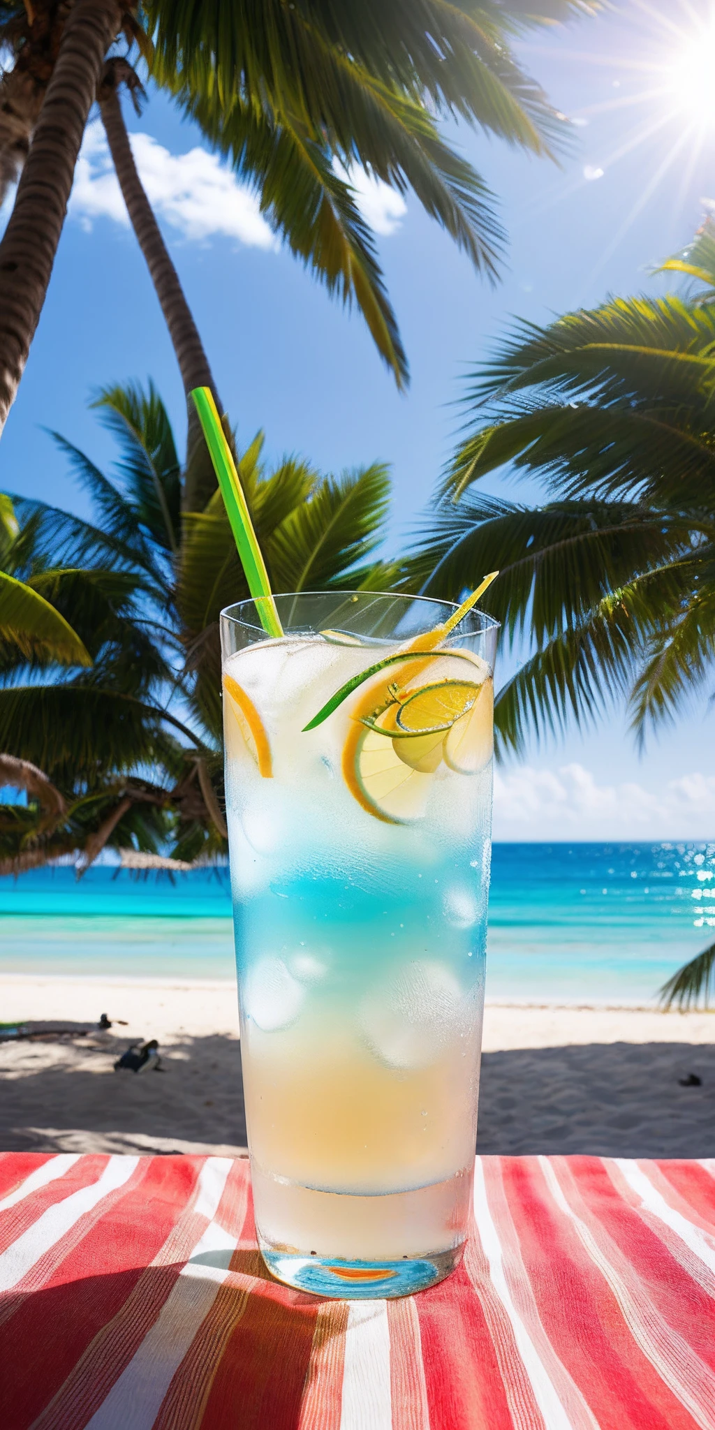 Using the right hand, macro photography depicts picnic scenes themed around a tropical beach holiday in summer. The protagonist of this photo is a cool glass filled with iced carbonated drinks. The lens focuses on glasses, fruit, dazzling midday sun, fisheye lenses, distant views, a hearty meal, (splashed liquid: 1.6), ice, (picnic scene: 0.5) (cute dessert: 0.4), dripping. It's filled with carbonated drinks, translucent liquid, daytime outdoor lights (beach 1.5), tropical plants, hot weather, HD detail, wet watermark, hyperdetail, cinematic, surrealism, soft light, deep field focus bokeh, ray tracing, diffuse (ultra-fine glass reflection), and surrealism.