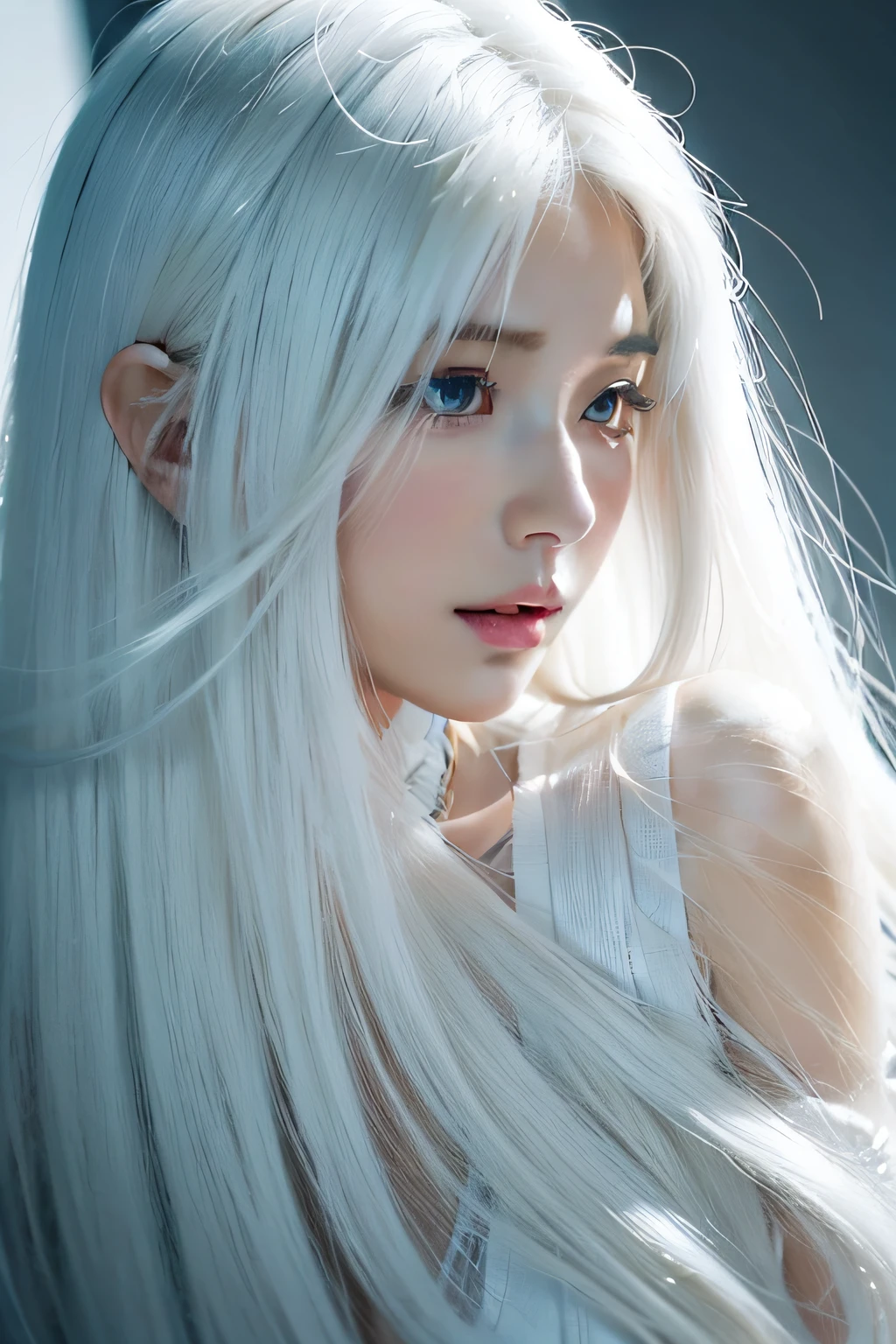 a close up of a woman with long white hair wearing a white dress, an anime drawing by Yang J, Trend of CGsociety, Fantasy art, long  white hair, with long white hair, beautiful and seductive anime woman, detailed white long hair, seductive anime girls, Anime girl with long hair, Beautiful anime woman, Anime goddess, Blonde anime girl with long hair