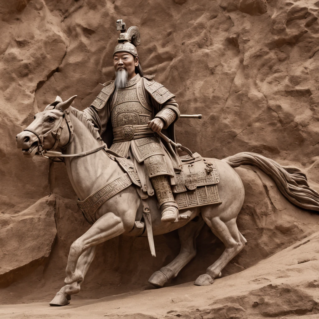 Ancient Chinese generals dressed in armor on cliffs, riding war horses, holding eight-foot knives