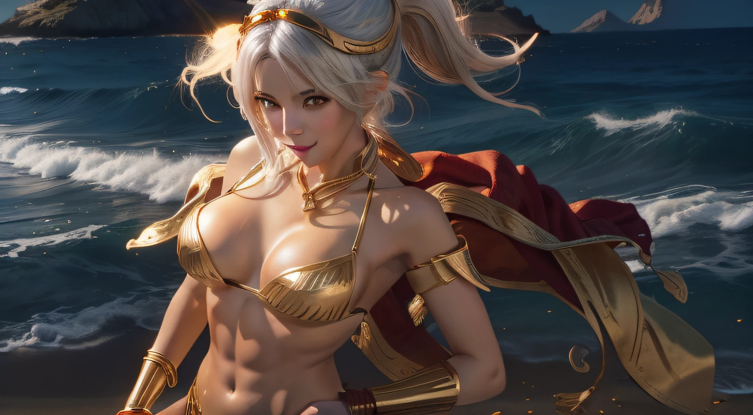 sandbeach, A lot of abs, nakeness, White hair, Messy hair, Seductive smile, Cinematic lighting, Verism, f/1.2, Textured skin,High ponytail,gold bikini,Gold bracelet,golden headdress,red hairband