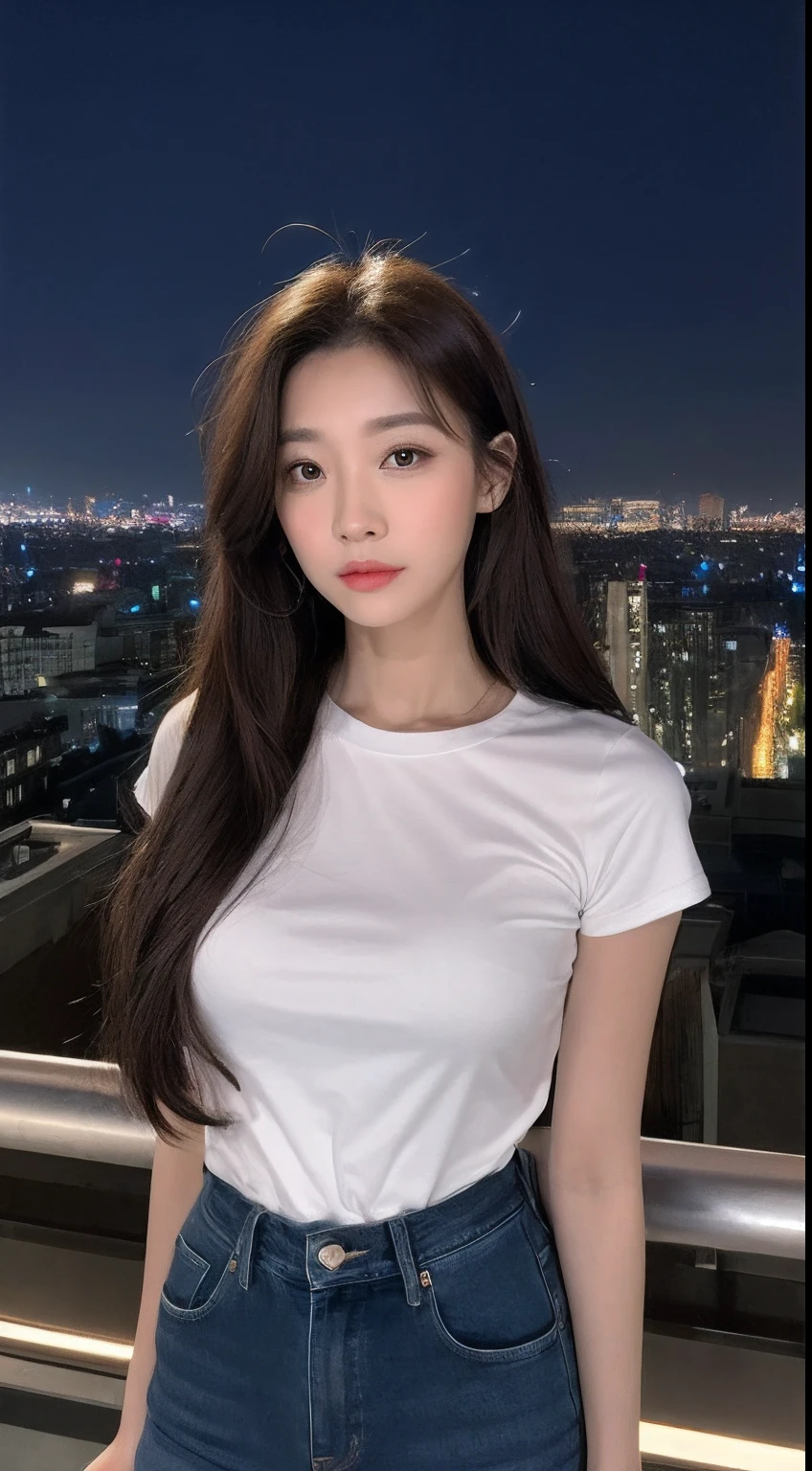 ((Midnight, Best quality, 8k, Masterpiece :1.3)), Whole body, Long legs, Sharp focus :1.2, A pretty woman with perfect figure :1.4, Slender abs :1.1, ((Dark brown hair, Big breasts :1.2)), (White tight tshirt, Jean bib, Standing:1.2), ((Night city view, Rooftop:1.3)), Highly detailed face and skin texture, Detailed eyes, Double eyelid