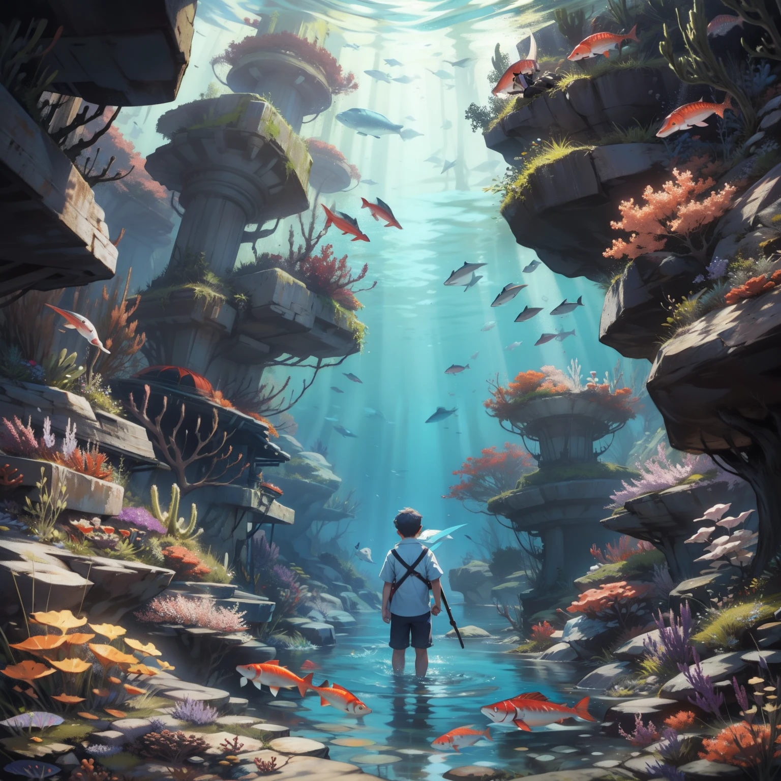A boy explores at the bottom of the sea