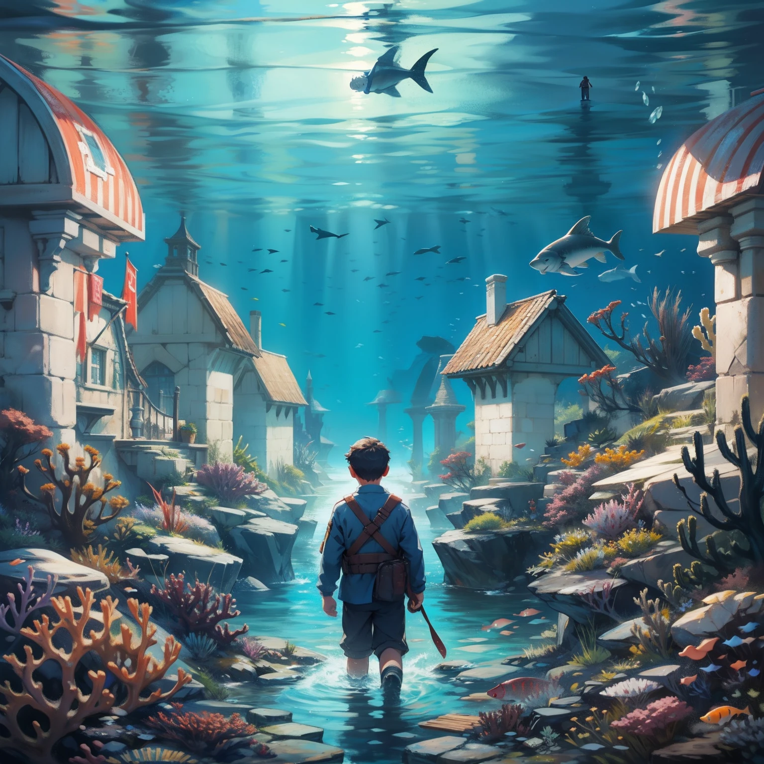 A boy explores at the bottom of the sea