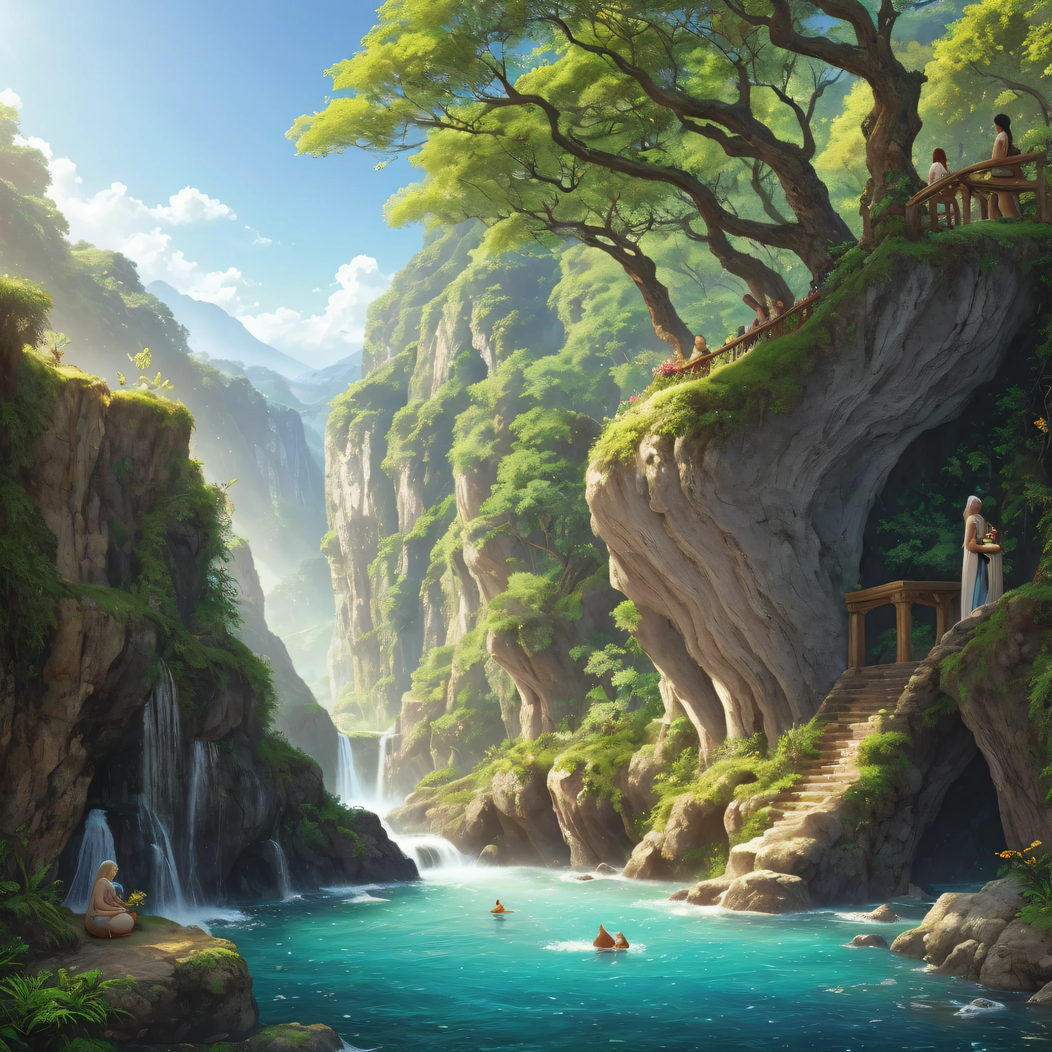Por favor, create a stunning and realistic image of the Garden of Eden, as described in the Bible. The image should depict an earthly paradise, with clear rivers, lush trees, shipments of peaceful fruits and animals living harmoniously. Make sure the sunlight is radiating gently and comfortably over the scenery, destacando a beleza e a serenidade do local. The image should be in high definition (pelo menos 1920x1080 pixels) for use in a YouTube video about Adam and Eve in Eden. We appreciate your attention to detail and exceptional quality