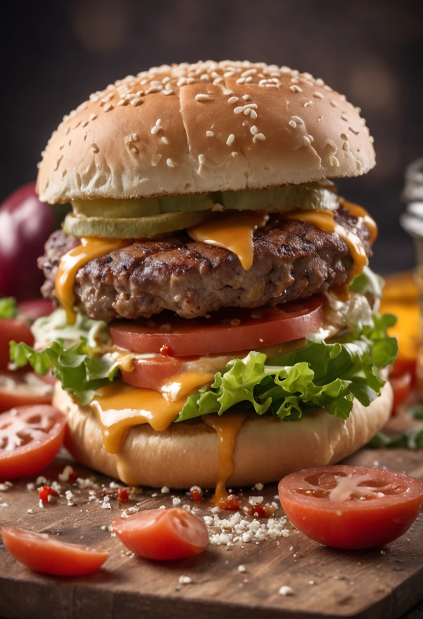 A burger falling in pieces juicy, tasty, hot, promotional photo, intricate details, hdr, cinematic, adobe lightroom, highly detailed